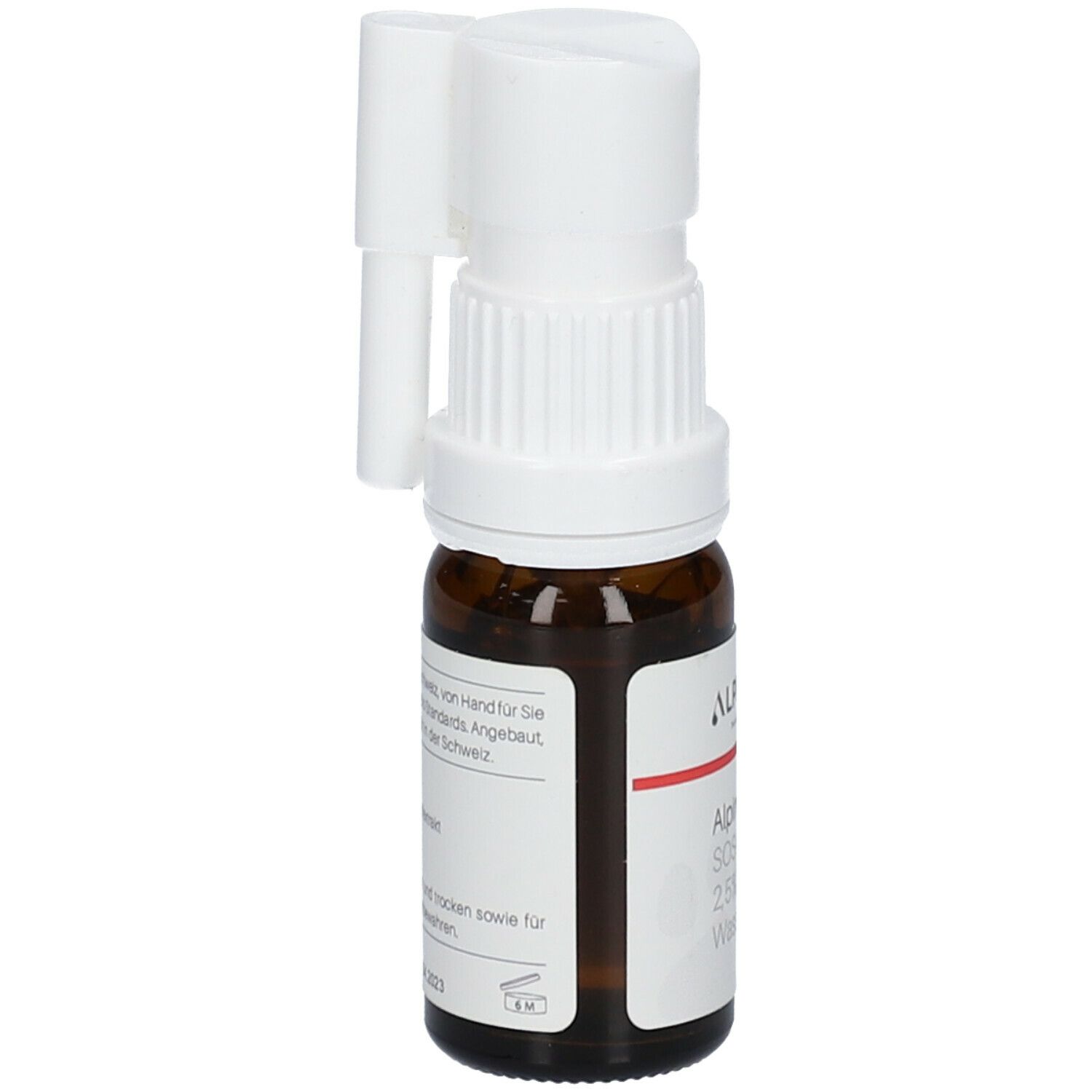 Flacon en verre brun avec vaporisateur blanc. Inscription: ALPINOLS Pets SOS-Spray, 2.5% Bio Hanf-Extrakt. Vaporisateur latéral.