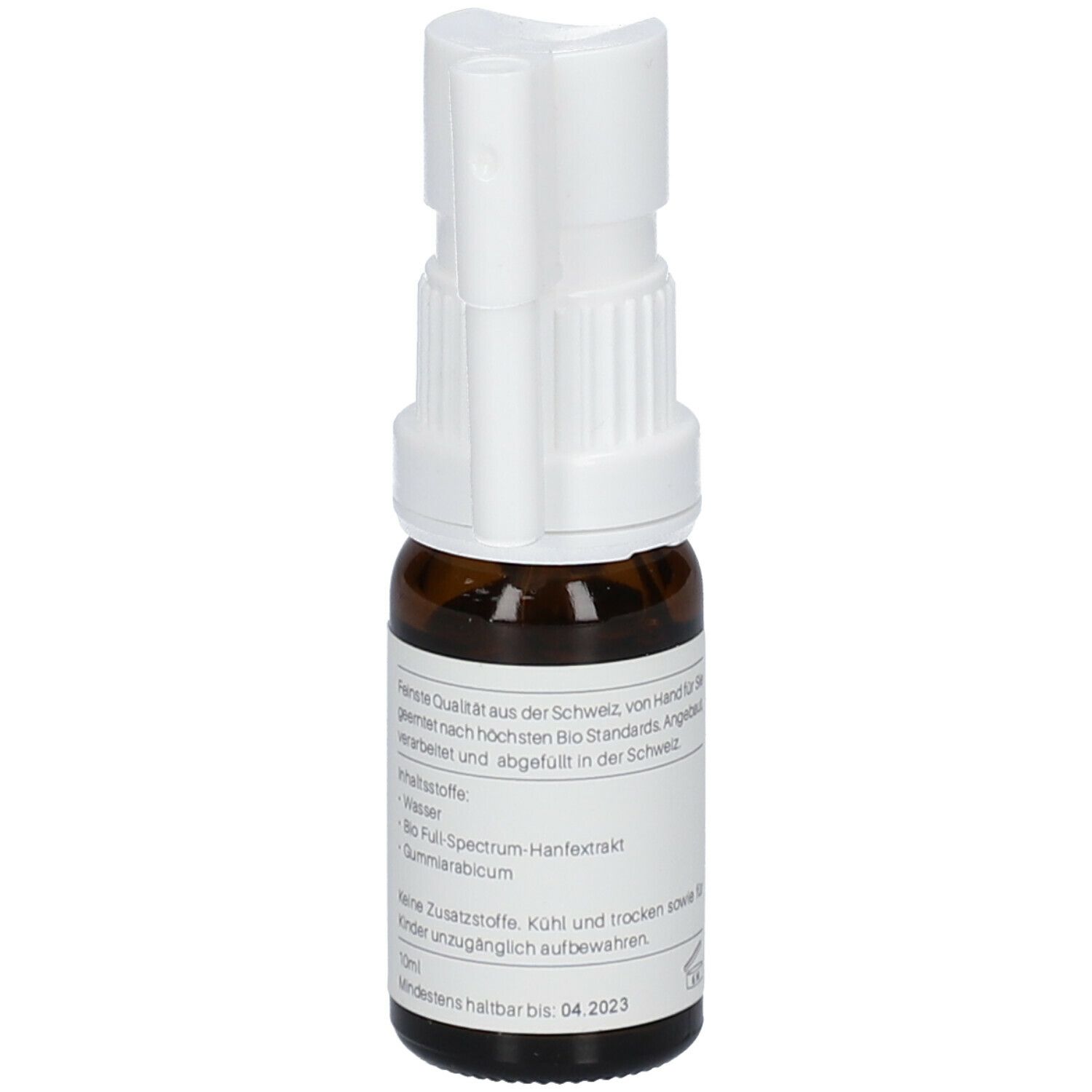 Flacon en verre brun avec vaporisateur blanc. Texte au dos. Inscription: ALPINOLS Pets SOS-Spray, 2.5% Bio Hanf-Extrakt.