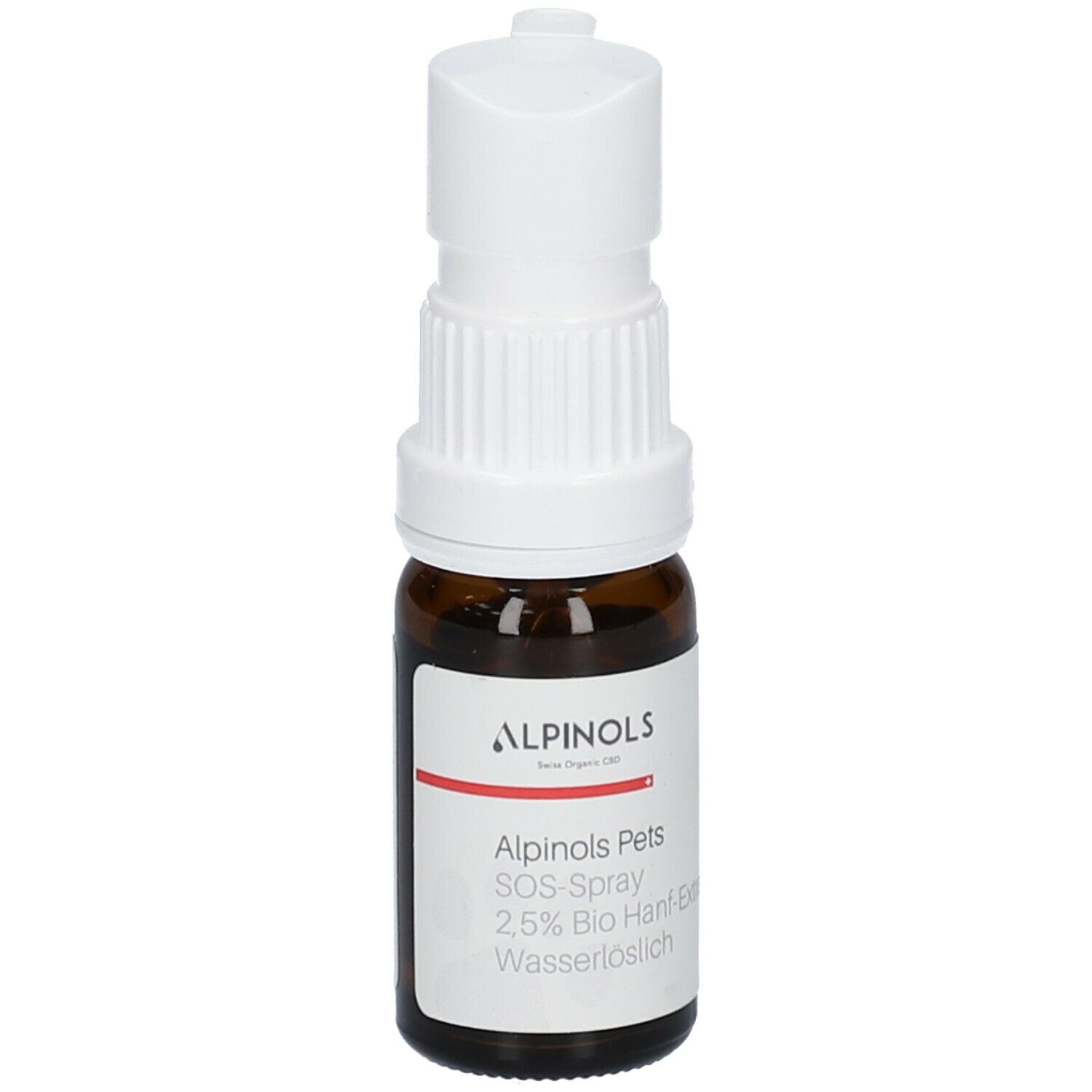 Flacon en verre brun avec vaporisateur blanc. Inscription: ALPINOLS Pets SOS-Spray, 2.5% Bio Hanf-Extrakt.