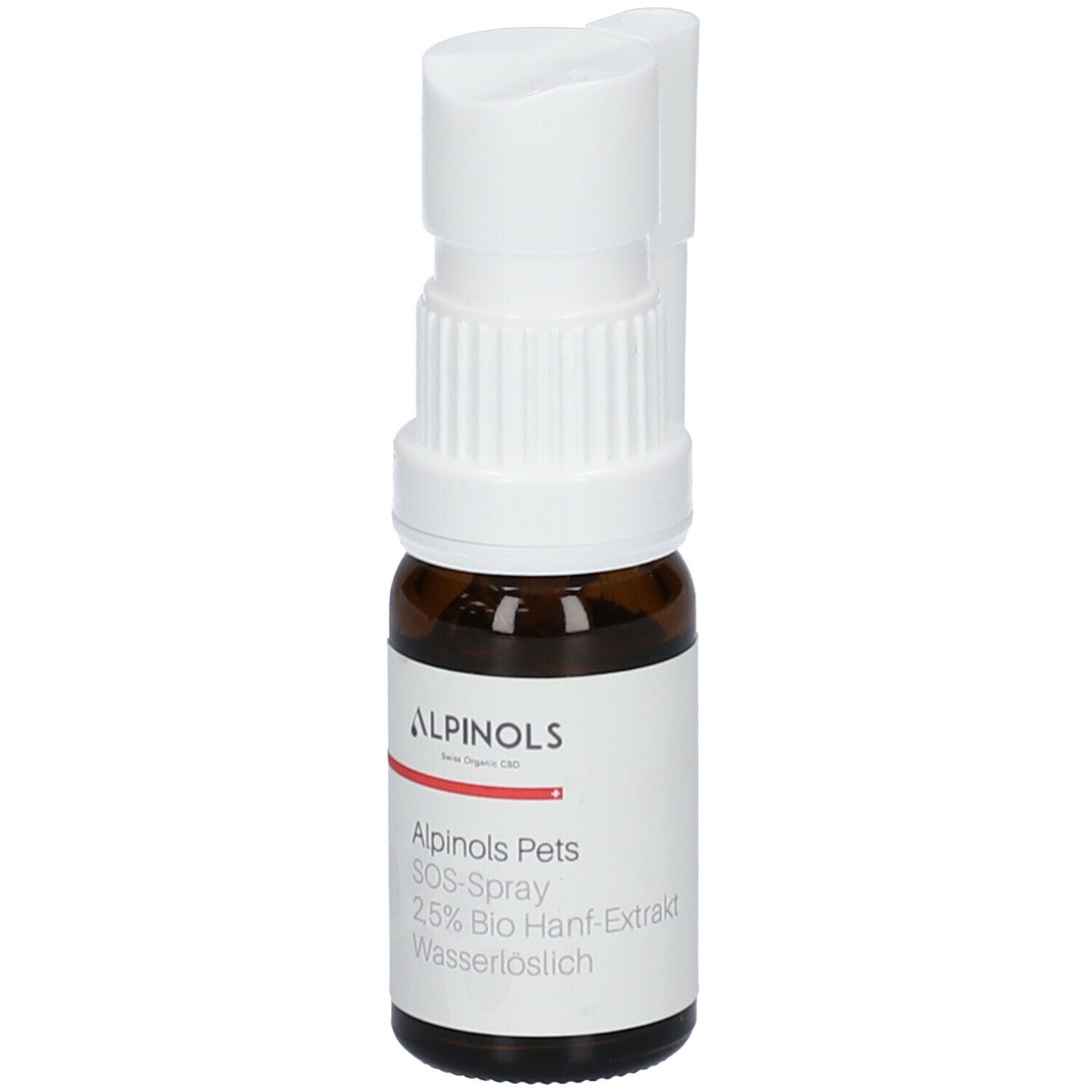 Flacon en verre brun avec vaporisateur blanc. Inscription: ALPINOLS Pets SOS-Spray, 2.5% Bio Hanf-Extrakt.