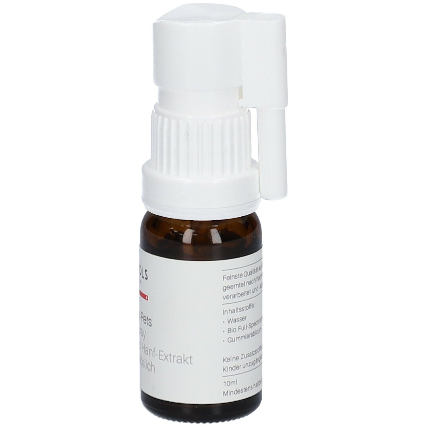 Flacon en verre brun avec vaporisateur blanc. Inscription: ALPINOLS Pets SOS-Spray, 2.5% Bio Hanf-Extrakt. Vaporisateur latéral.