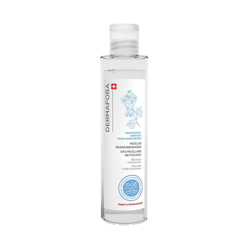 Eau micellaire transparente dans un flacon cylindrique. Logo Dermafora et informations sur l'étiquette du produit.