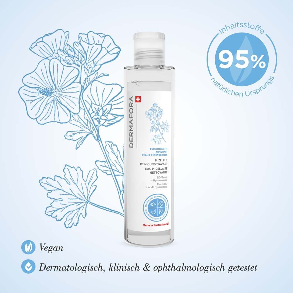 Flacon de produit avec illustration florale et texte. 95% d'origine naturelle. Végétalien et testé dermatologiquement.