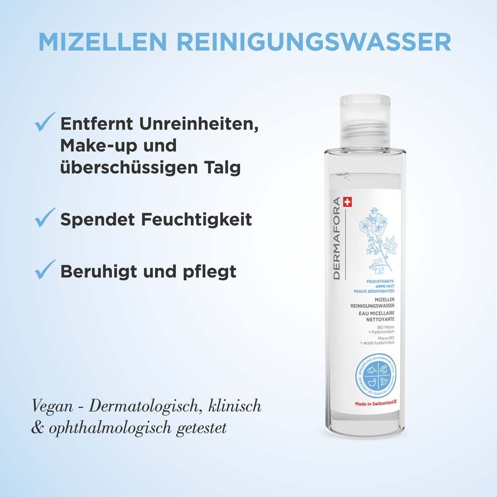 Flacon de produit avec texte. Élimine les impuretés, le maquillage et le sébum. Hydrate. Apaise et nourrit. Végétalien et testé dermatologiquement.