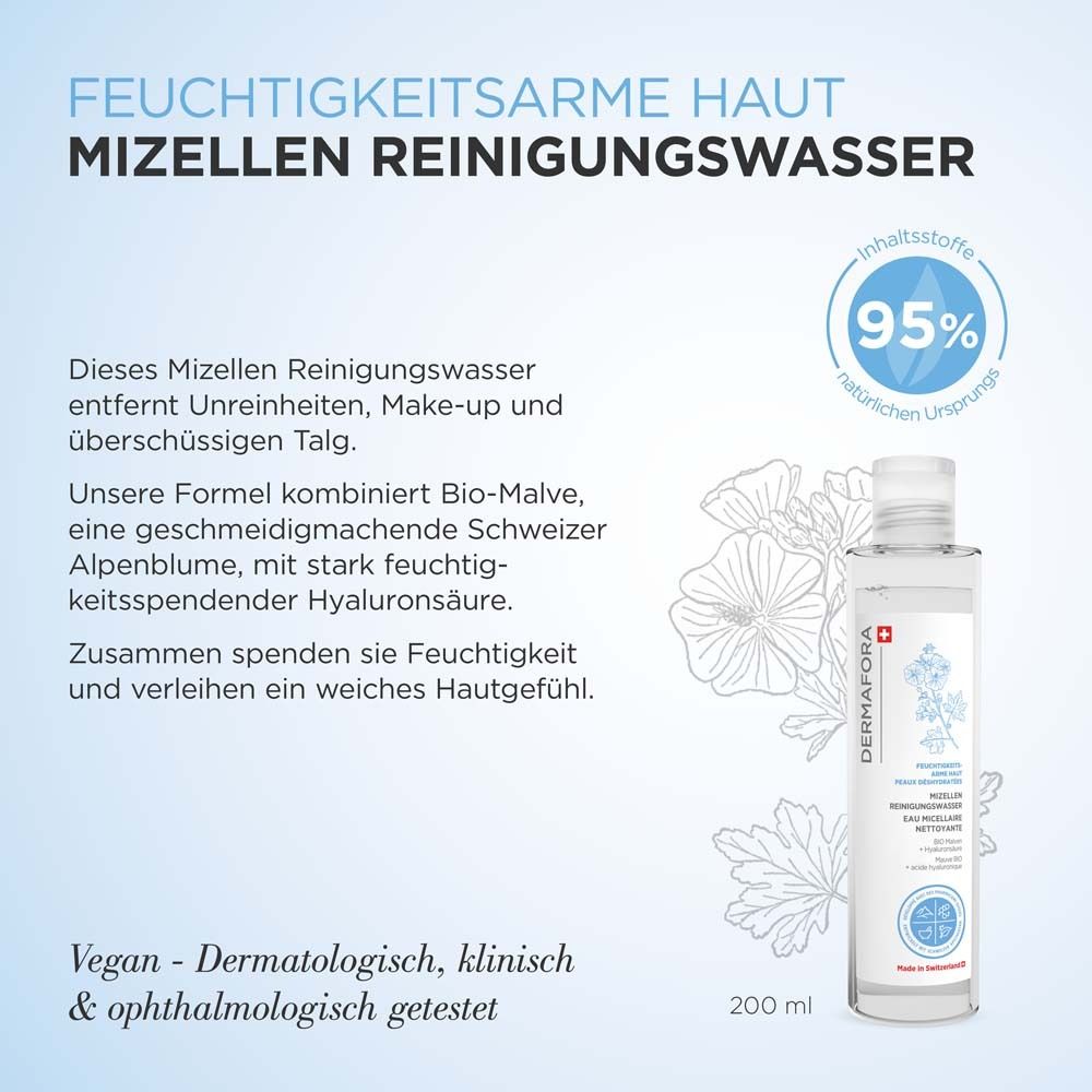 Flacon de produit avec texte. Eau micellaire pour peaux sèches. 95% d'origine naturelle. 200 ml.