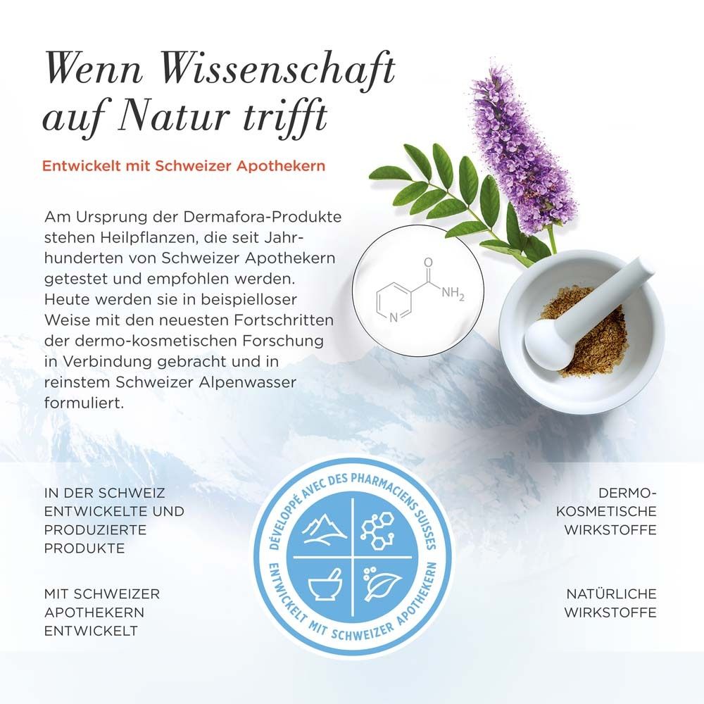 Illustration avec mortier, herbes et flacon. Texte : Quand la science rencontre la nature. Développé avec des pharmaciens suisses.
