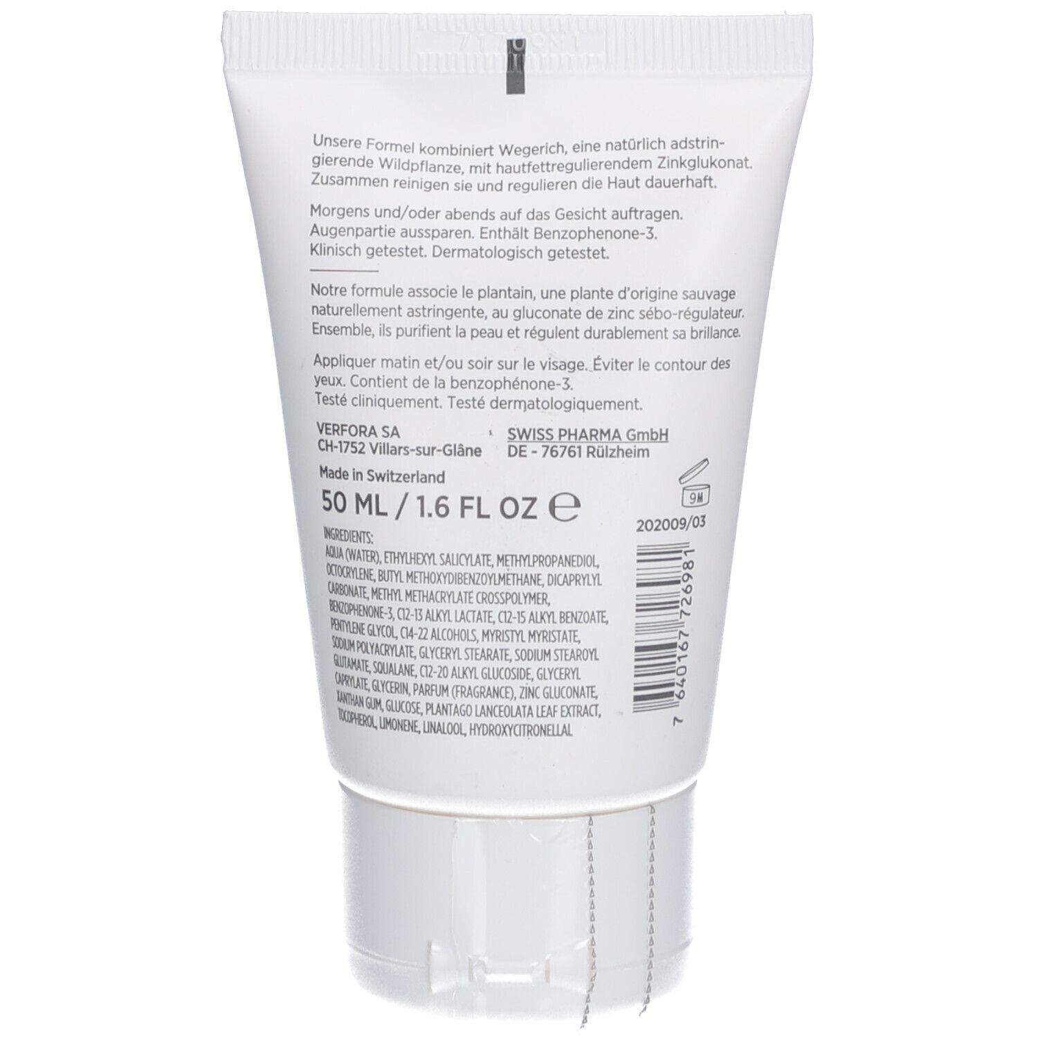 Dos du tube. Texte: DERMAFORA, 50 ml/1.6 FL OZ, ingrédients. Swiss Pharma GmbH.
