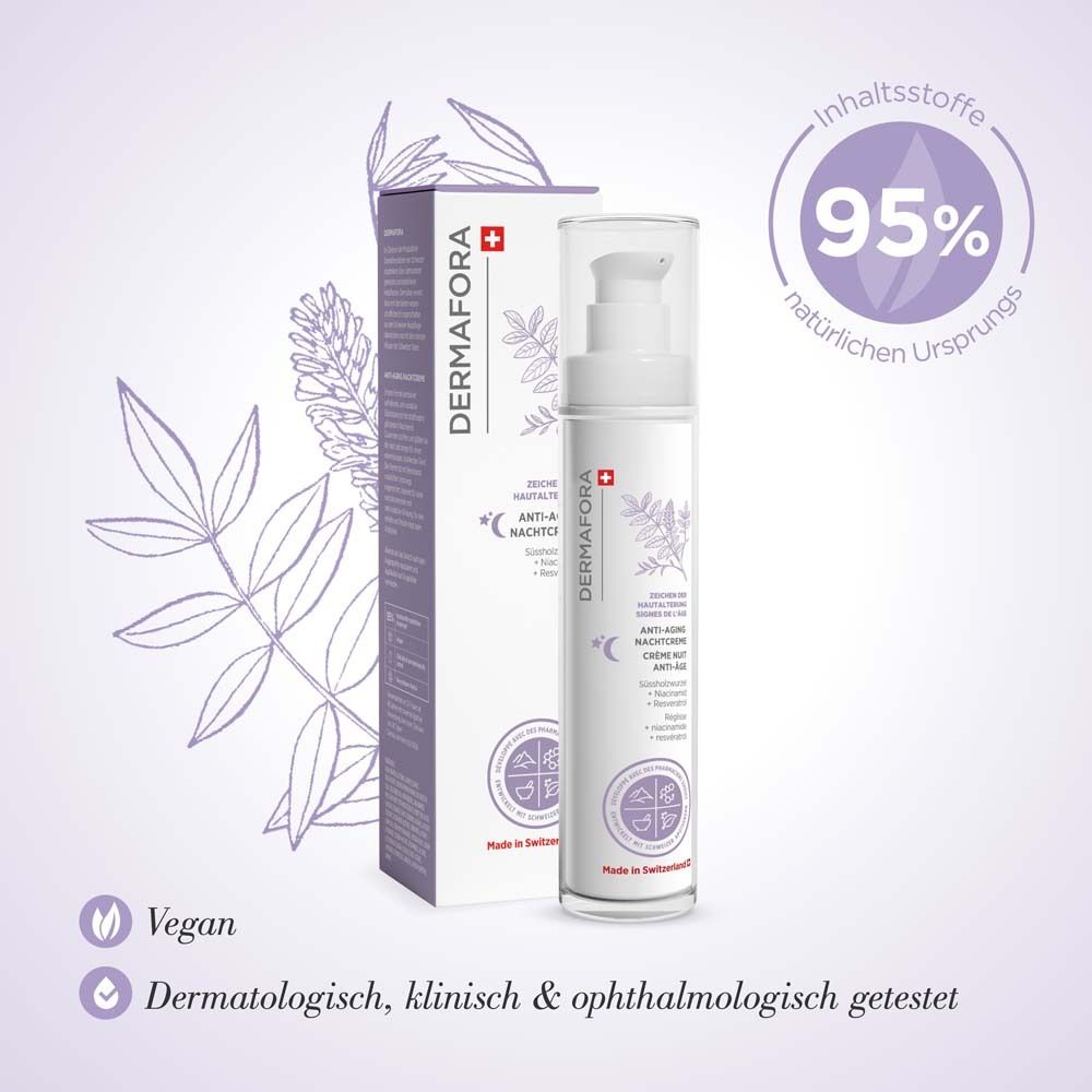 Produit et emballage. Flacon et boîte. Inscription : DERMFORA, Crème de nuit anti-âge. Croix suisse. 95% naturel.