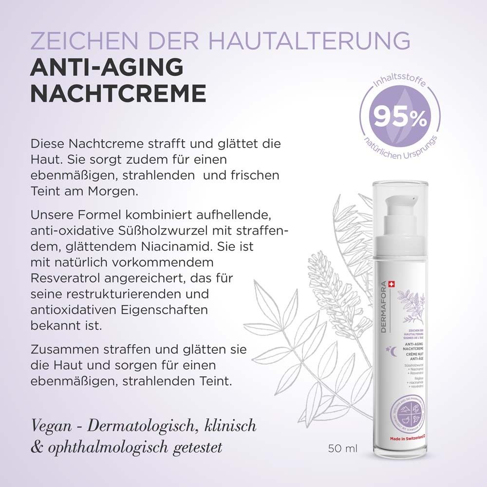 Texte avec produit. Crème de nuit anti-âge. Texte : raffermit et lisse la peau. Végétalien. Testé dermatologiquement. 50 ml.