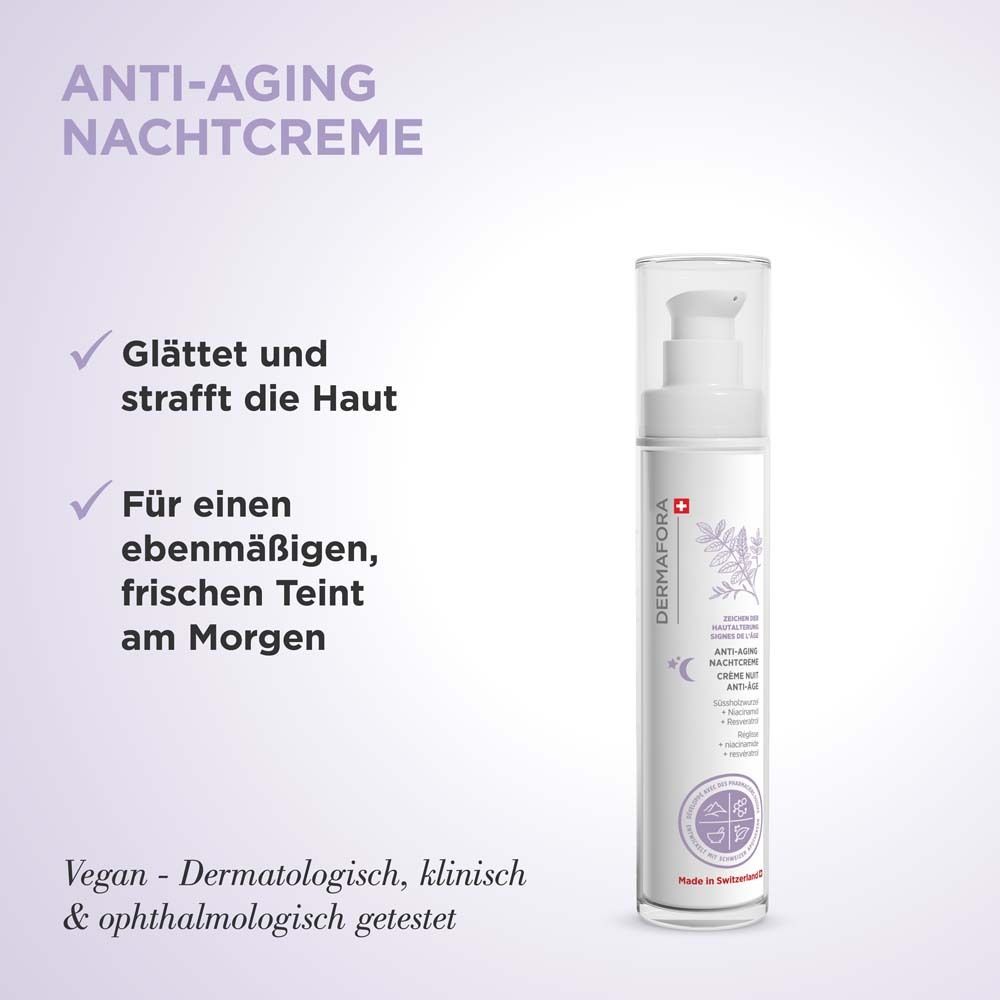 Produit avec texte. Crème de nuit anti-âge. Texte : lisse et raffermit la peau. Pour un teint frais et uniforme.