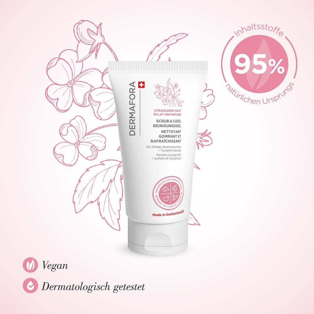 Weiße Tube mit Produktaufdruck. Logo: DERMFORA. Text: Scrub & Cool Reinigungsgel. Vegan- und dermatologisch getestet.