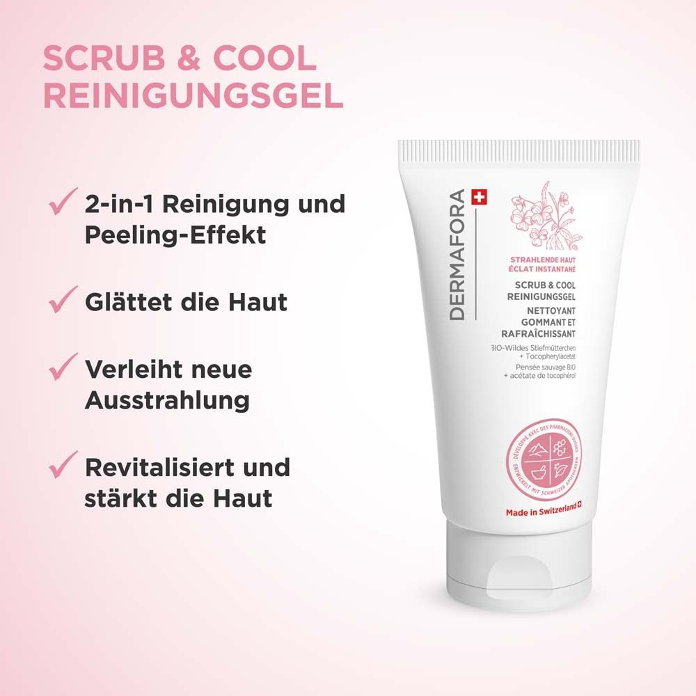 Produkt-Tube mit Text und Logo. Text: Scrub & Cool Reinigungsgel. 2-in-1 Reinigung und Peeling-Effekt. Glättet die Haut.
