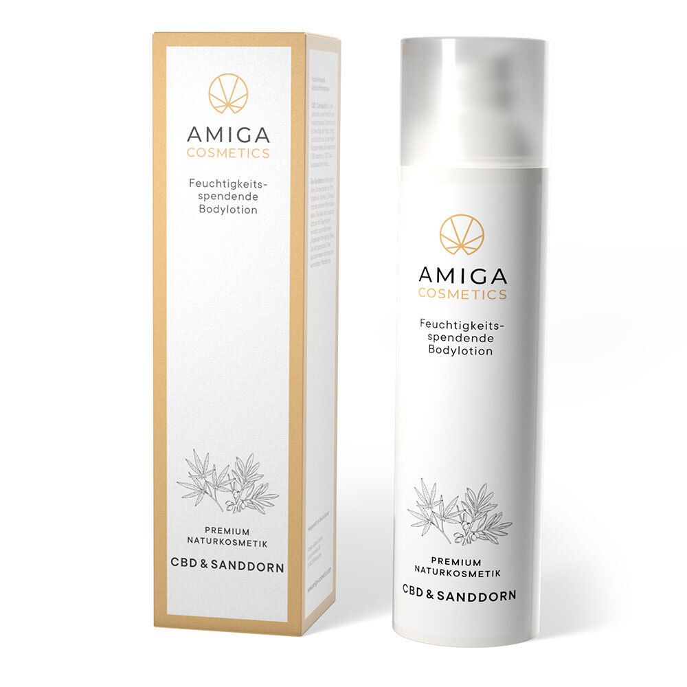 Flacon et boîte de lotion pour le corps blancs. Inscription : AMIGA COSMETICS, Lotion corporelle hydratante, CBD & Argousier.