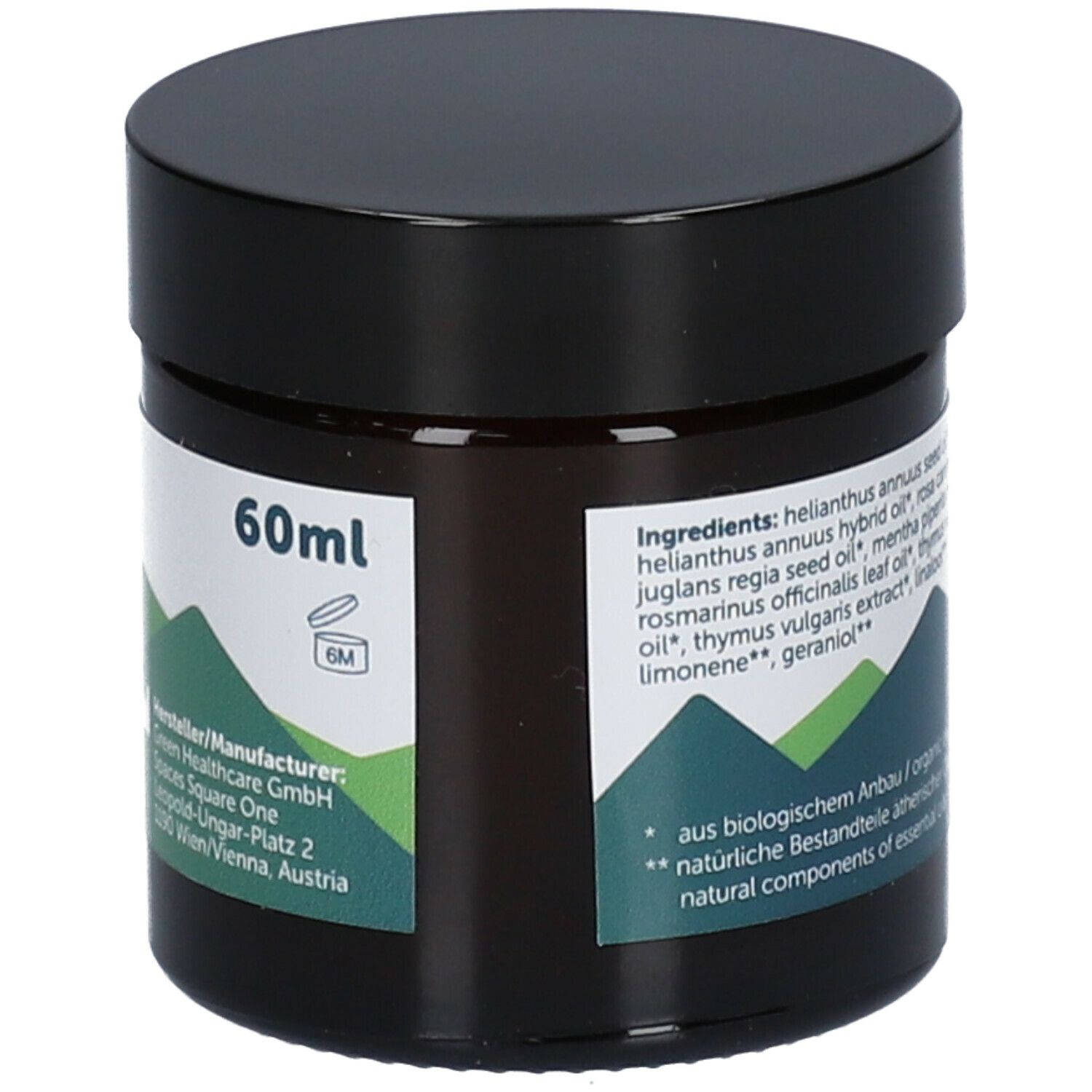 Pot brun avec couvercle noir. Étiquette avec volume 60ml et fabricant.