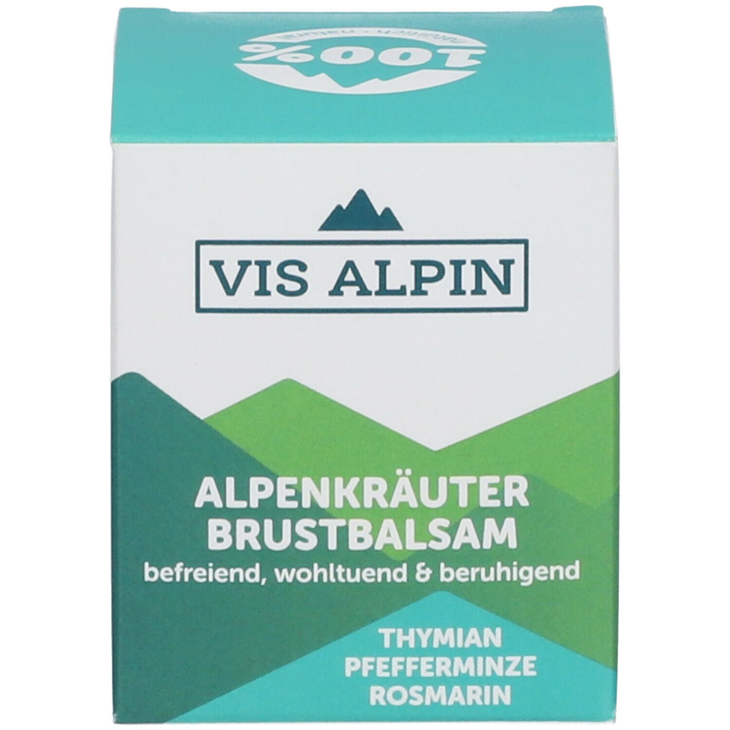 Boîte turquoise avec nom du produit et logo.