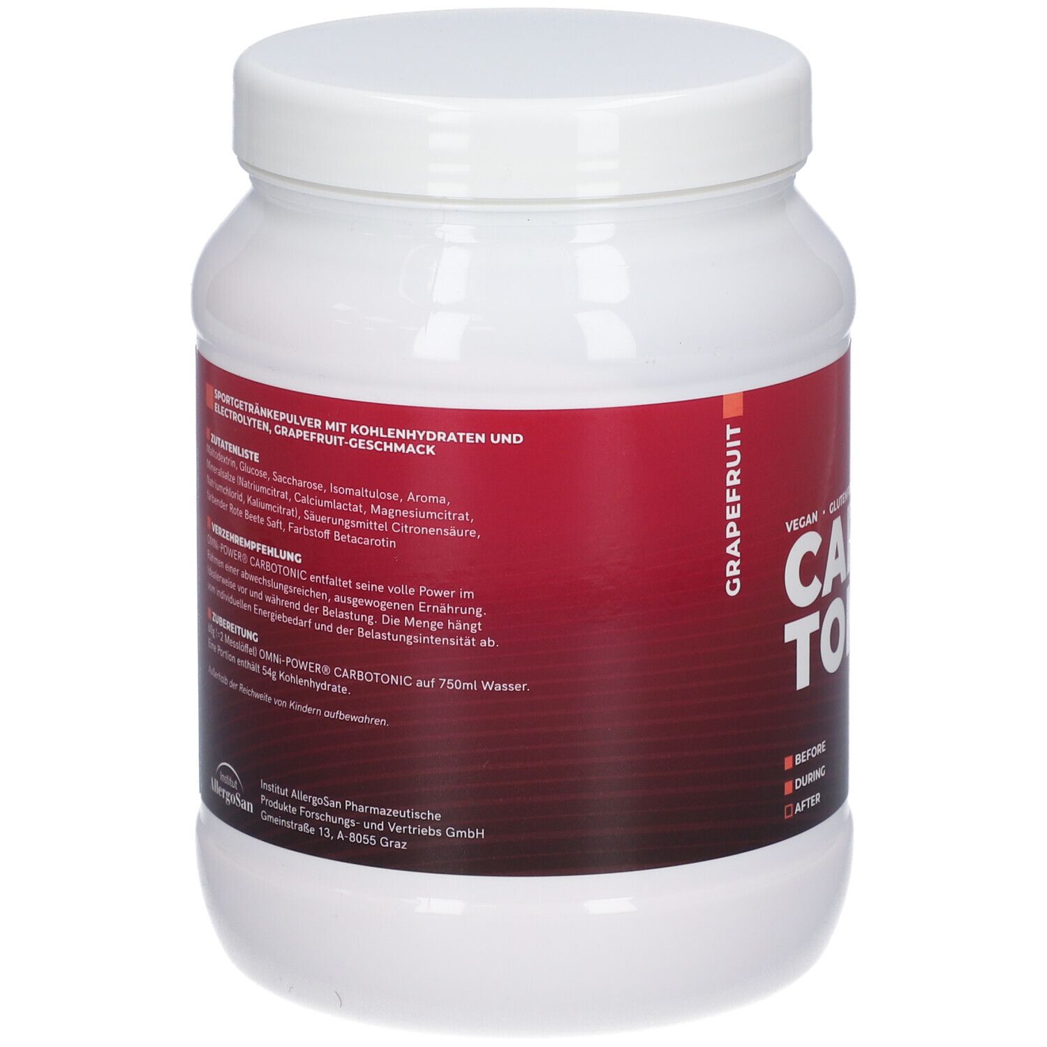 Récipient blanc avec étiquette rouge. OMNi-POWER CARBOTONIC, pamplemousse. Texte avec ingrédients et instructions d'utilisation.