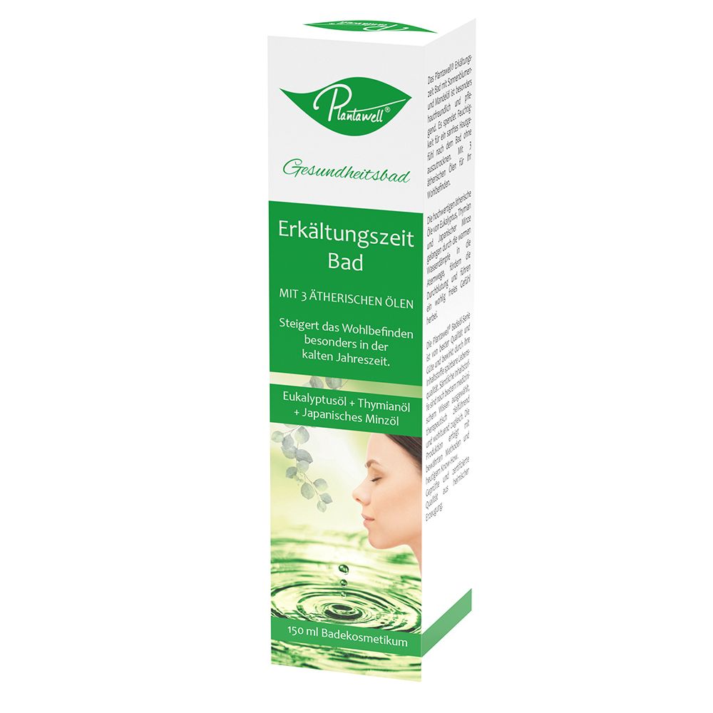 Plantawell Erkältungszeit Bad in einer rechteckigen Verpackung. Grün-weißes Design mit Produktnamen und Logo. Enthält ätherische Öle.