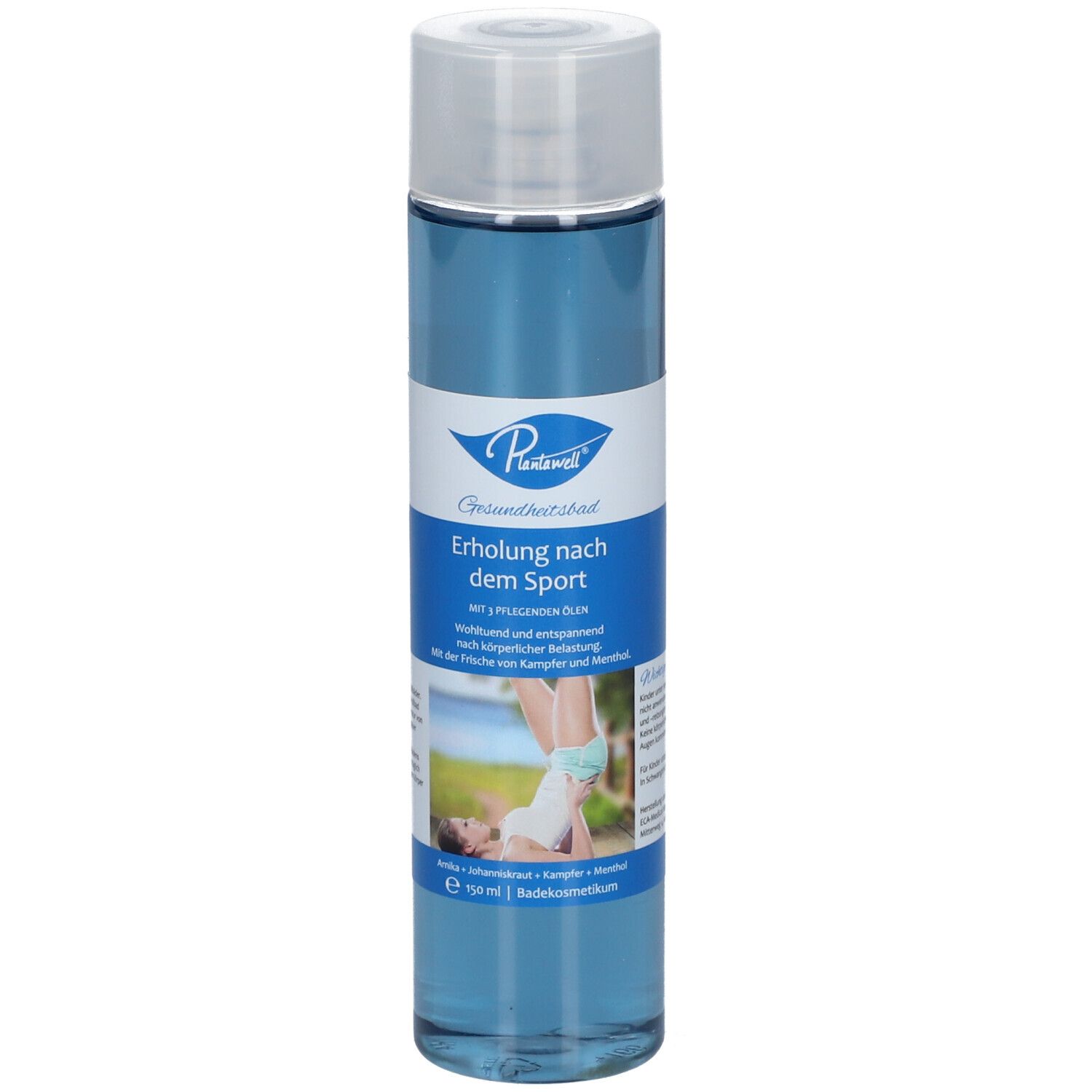 Blau-transparente Flasche mit weißem Deckel. Aufschrift: Plantawell, Erholung nach dem Sport. Abbildung: Person mit Beinbandage.