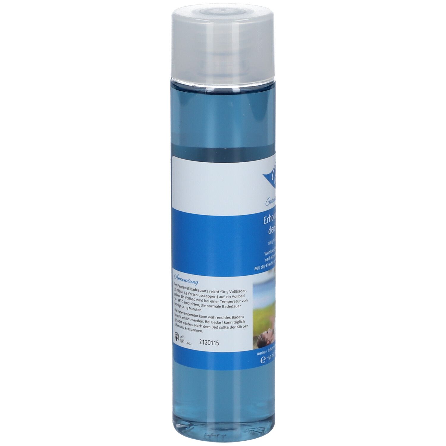 Blaue Flasche mit weißem Deckel. Aufschrift: Plantawell, Erholung nach dem Sport. Rückseite mit Text und Bild. Etikett mit Inhaltsstoffen.