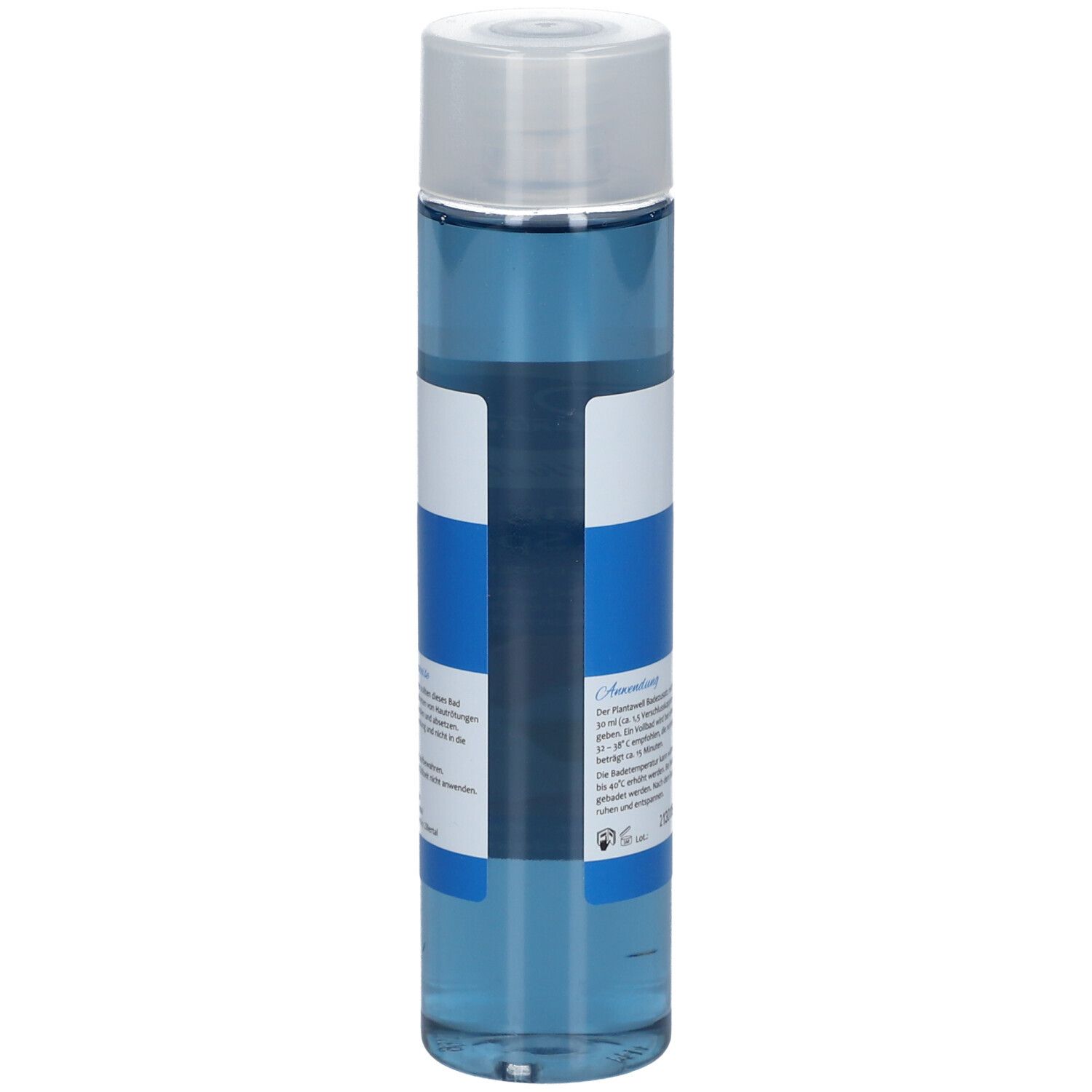 Blaue Flasche mit weißem Deckel. Aufschrift: Plantawell, Erholung nach dem Sport. Rückseite mit Text und Bild. Etikett mit Inhaltsstoffen.