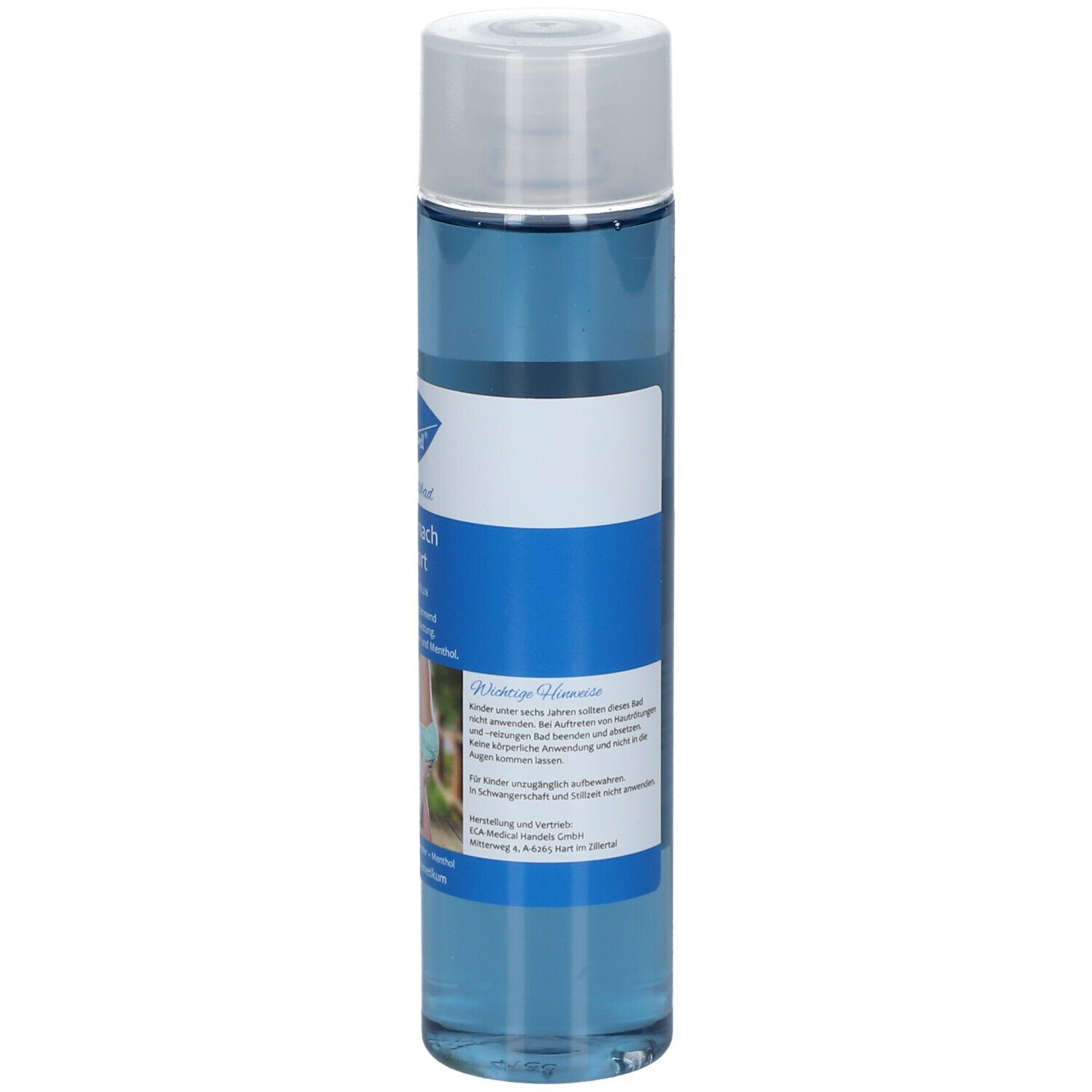Blaue Flasche mit weißem Deckel. Aufschrift: Plantawell, Erholung nach dem Sport. Rückseite mit Text und Bild. Etikett mit Inhaltsstoffen.