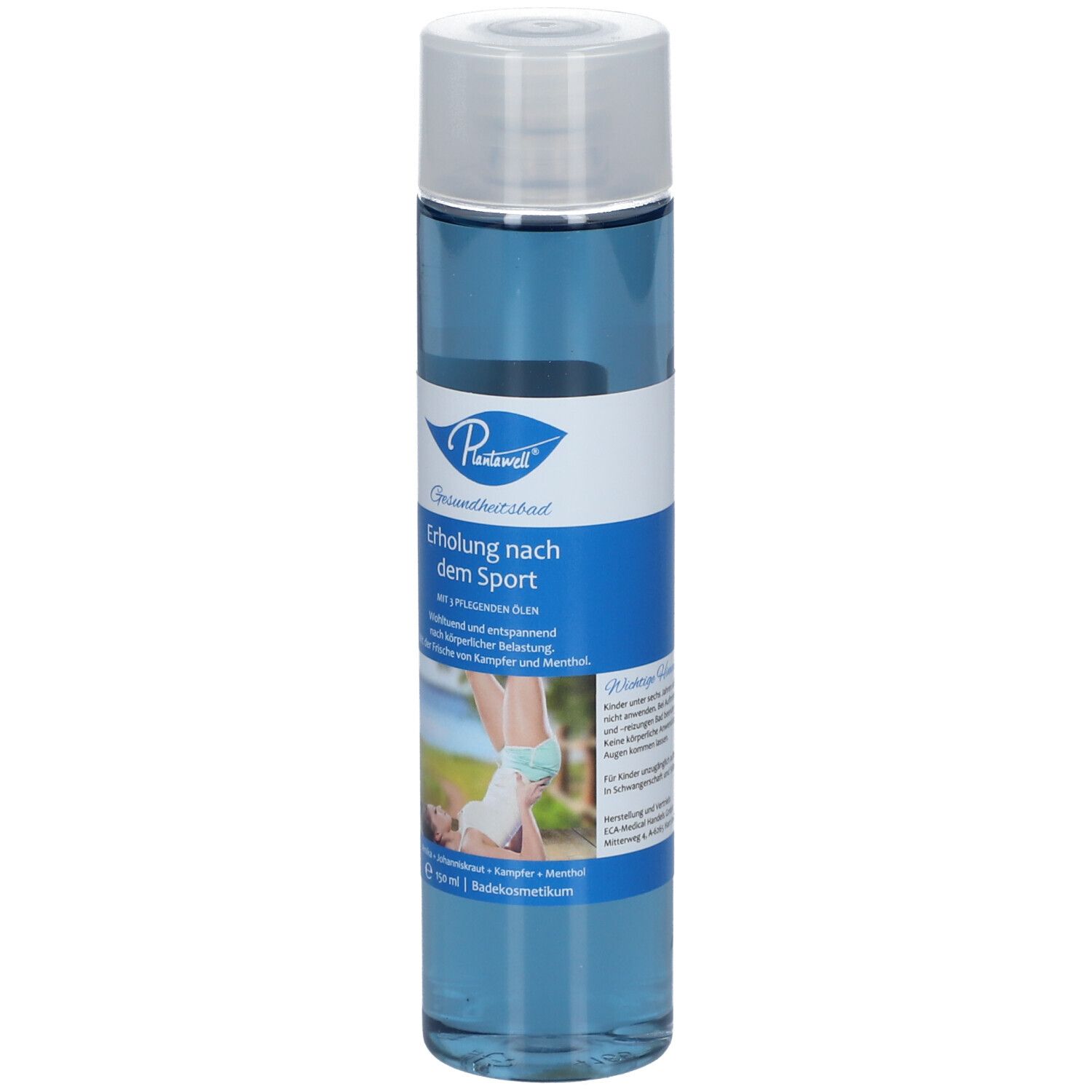 Blaue Flasche mit weißem Deckel. Aufschrift: Plantawell, Erholung nach dem Sport. Rückseite mit Text und Bild. Etikett mit Inhaltsstoffen.
