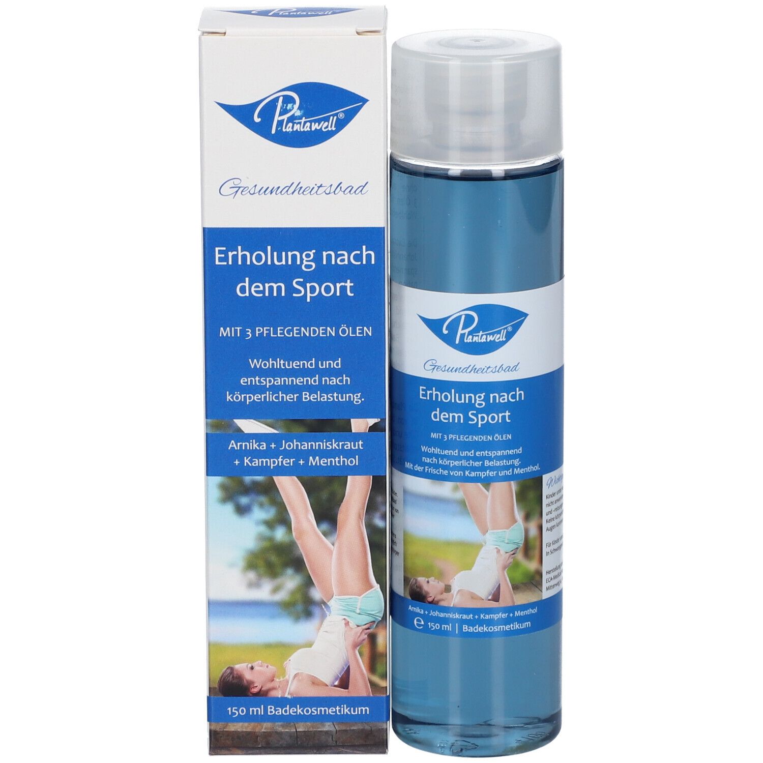 Produktflasche und Verpackung. Blaue Flasche mit weißem Deckel. Aufschrift: Plantawell, Erholung nach dem Sport. Verpackung mit Text und Bild.
