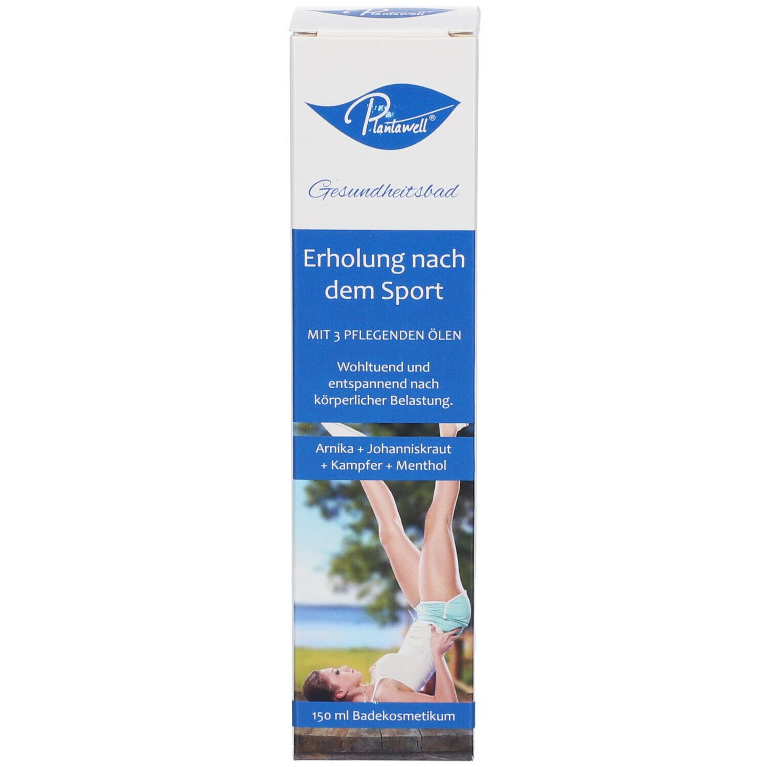 Verpackung. Aufschrift: Plantawell, Erholung nach dem Sport. Text und Bild. Enthält 150 ml. Produkt für körperliche Belastung.