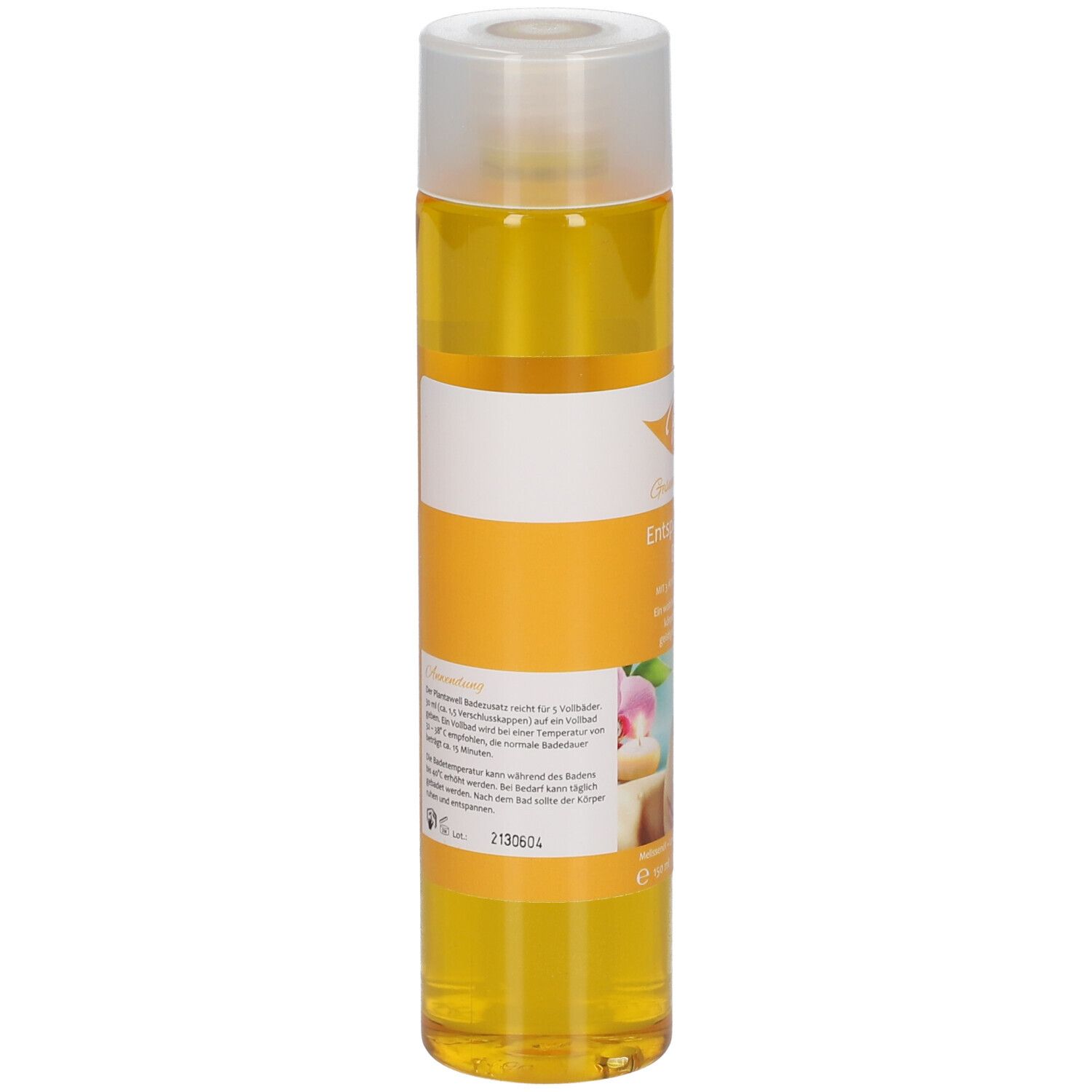 Zylindrische Flasche mit gelber Flüssigkeit. Etikett mit Produktinformationen. Transparenter Deckel.