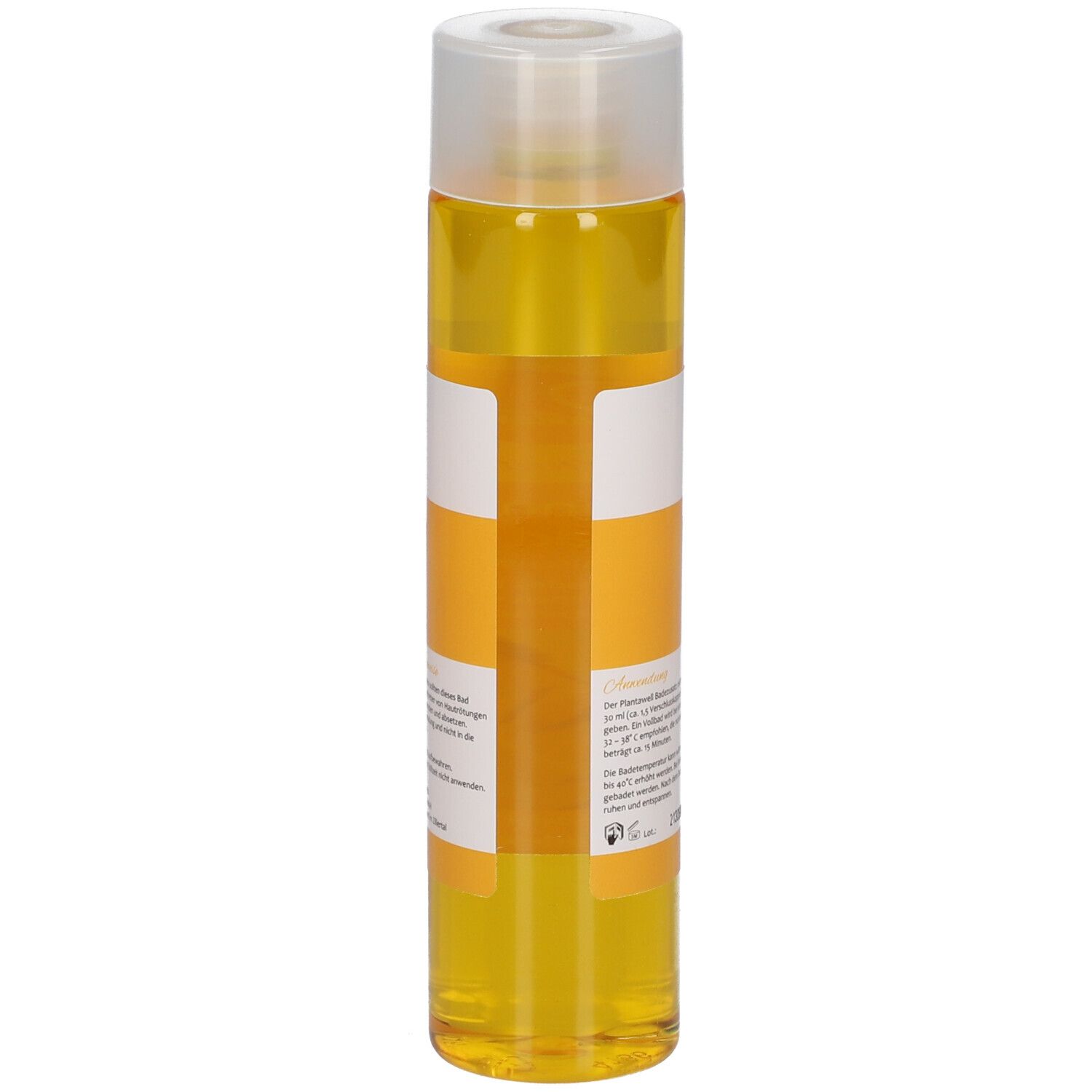 Zylindrische Flasche mit gelber Flüssigkeit. Etikett mit Produktinformationen. Transparenter Deckel.