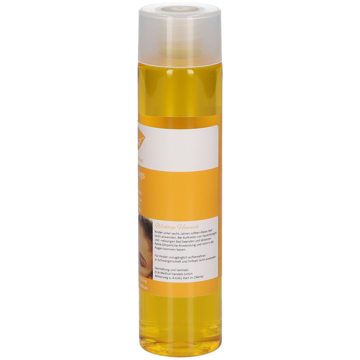 Zylindrische Flasche mit gelber Flüssigkeit. Etikett mit Produktinformationen. Transparenter Deckel.