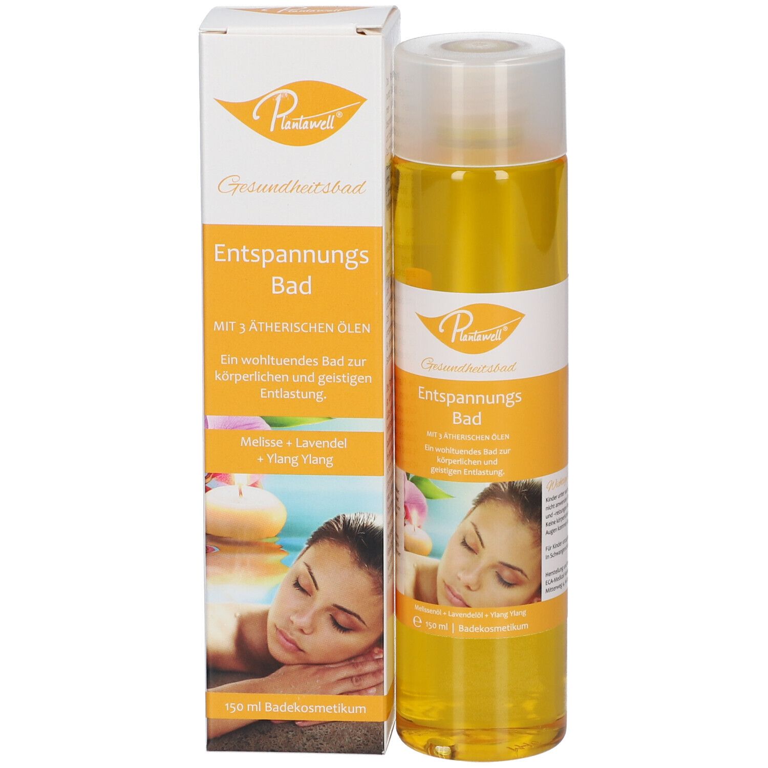 Produktflasche und Verpackung. Flasche mit gelber Flüssigkeit. Verpackung mit Produktname und Bild. Transparenter Deckel.