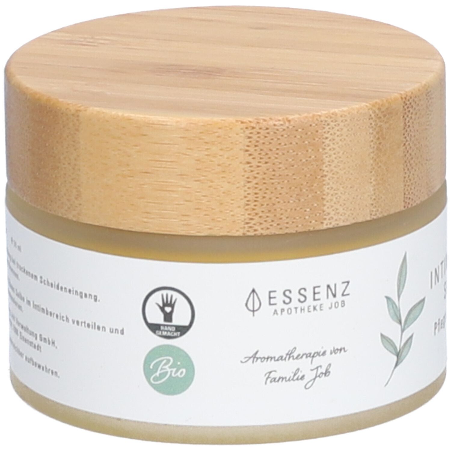 Pot de crème avec couvercle en bois. Inscription : Essenz Apotheke Job. Label Bio. Fait à la main.
