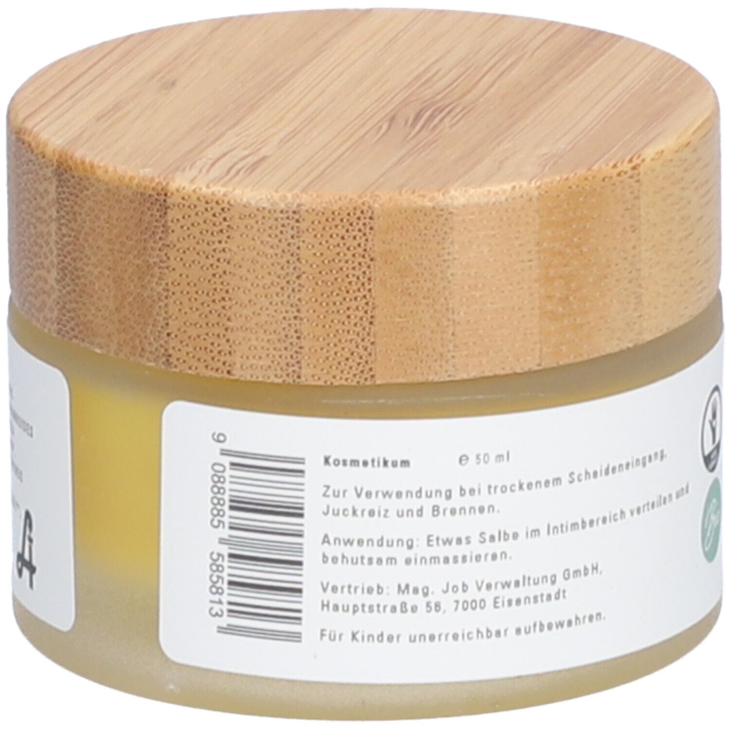 Pot de crème avec couvercle en bois. Inscription : Kosmetikum. 50 ml. Instructions d'utilisation. Distribué par Mag. Job Verwaltung GmbH.