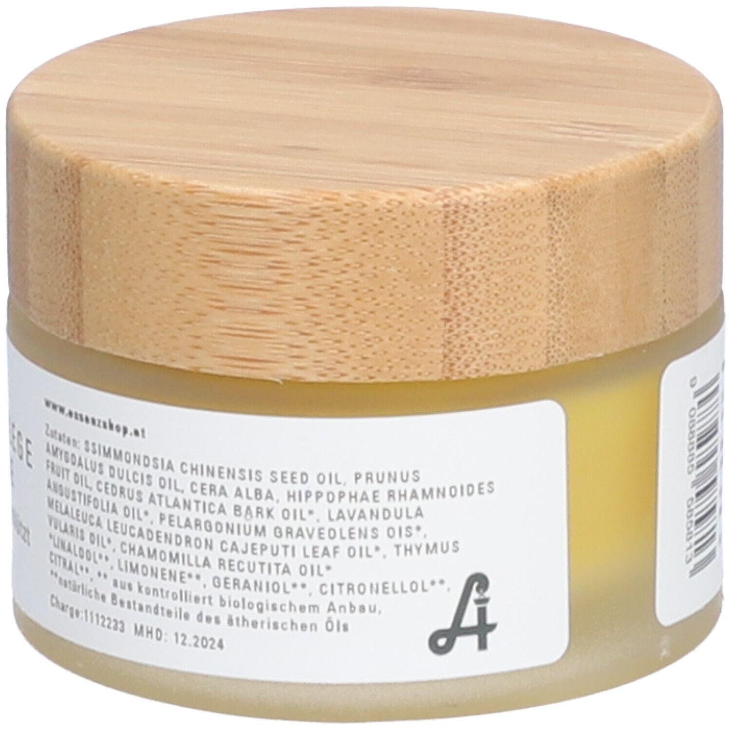 Pot de crème avec couvercle en bois. Liste des ingrédients. DDM : 12.2024. Logo Essenz Apotheke Job.