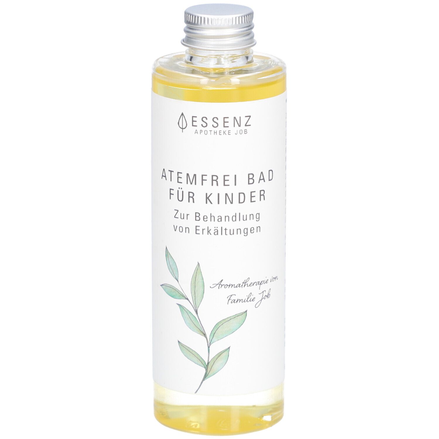 Klare Flüssigkeit in einer Flasche mit silbernem Deckel. Etikett mit Produktname und Logo.