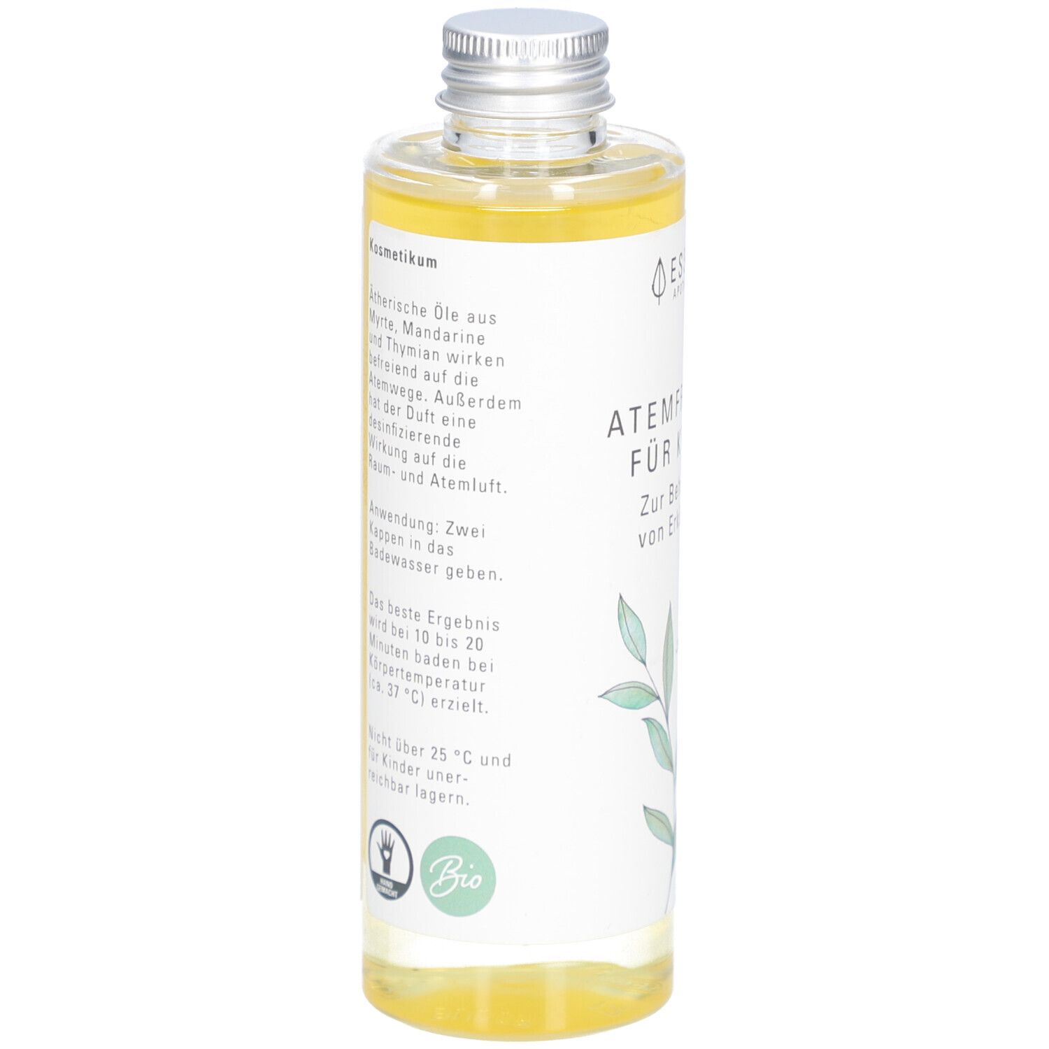 Flasche mit Etikett. Text über ätherische Öle und Anwendung. Bio-Siegel.