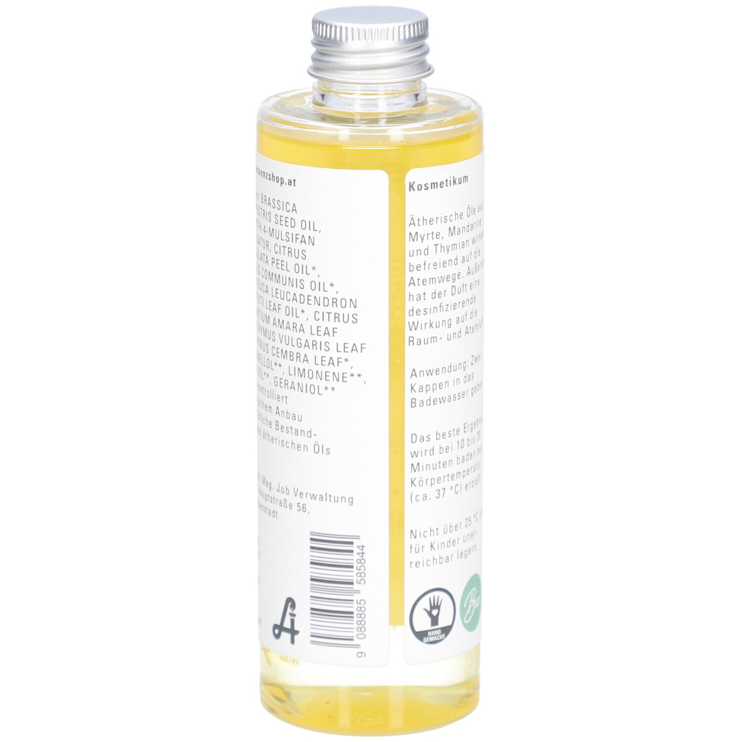 Flasche mit Etikett. Zutatenliste und Kosmetikum-Hinweis. Bio-Siegel.