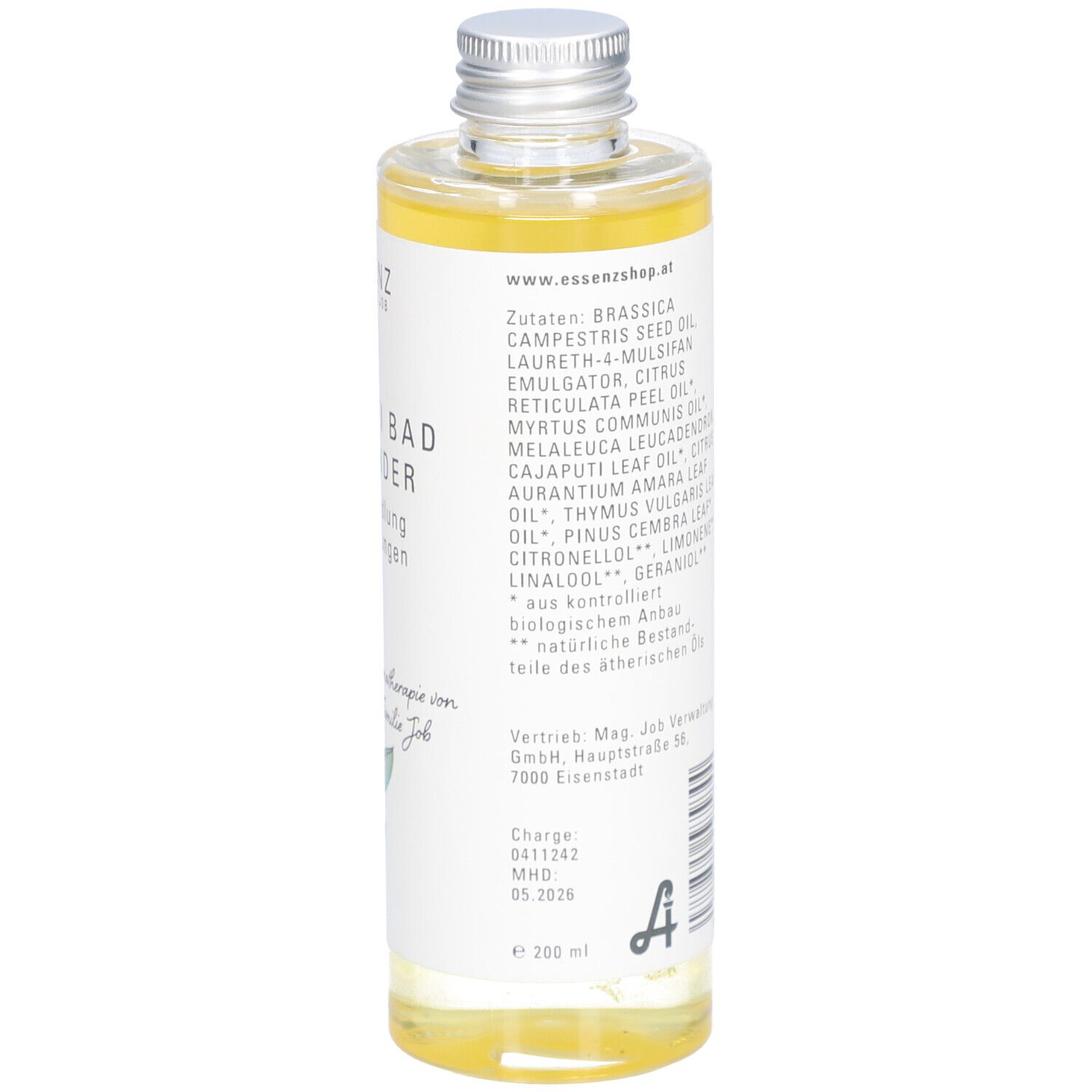 Flasche mit Etikett. Zutatenliste, Herstellerinformationen und Bio-Siegel.