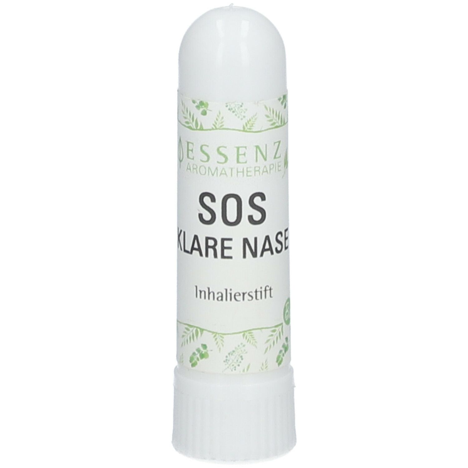 Inhalateur blanc avec des accents verts. Inscriptions: Essenz Aromatherapie, SOS Klare Nase, Inhalierstift.