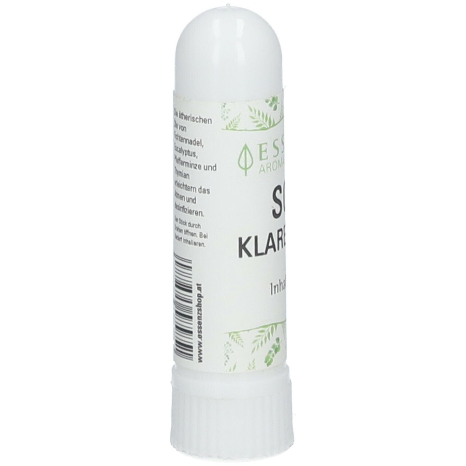 Inhalateur blanc avec texte. Inscriptions: Essenz Aromatherapie, SOS Klare Nase, Inhalierstift. Liste des ingrédients.