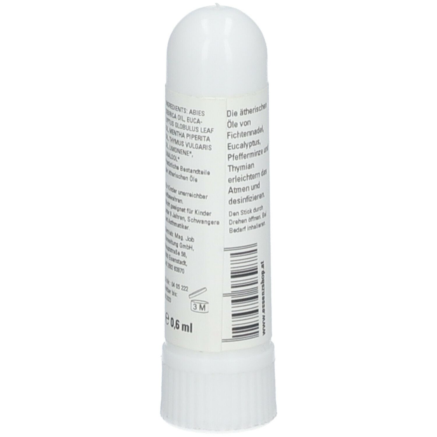 Inhalateur blanc avec texte. Inscriptions: Essenz Aromatherapie, SOS Klare Nase, Inhalierstift. Liste des ingrédients, 0,6 ml.