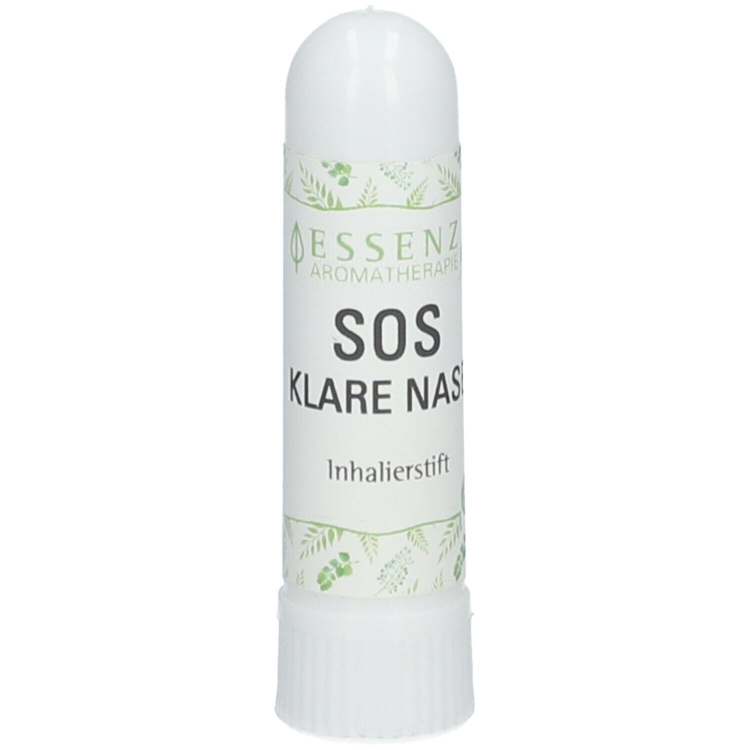 Inhalateur blanc avec des accents verts. Inscriptions: Essenz Aromatherapie, SOS Klare Nase, Inhalierstift.