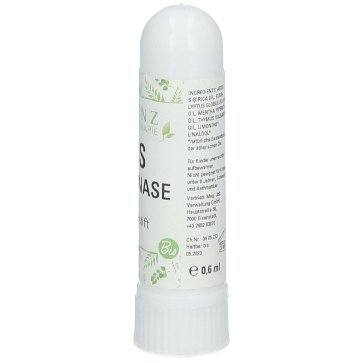 Inhalateur blanc avec texte. Inscriptions: Essenz Aromatherapie, SOS Klare Nase, Inhalierstift, label bio, 0,6 ml.