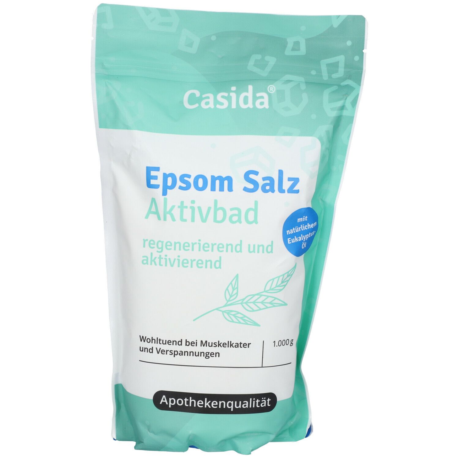 Casida® Epsom Salz Aktivbad. Sachet blanc avec texte bleu-vert. Contient du sel d'Epsom à l'eucalyptus. Qualité pharmaceutique.