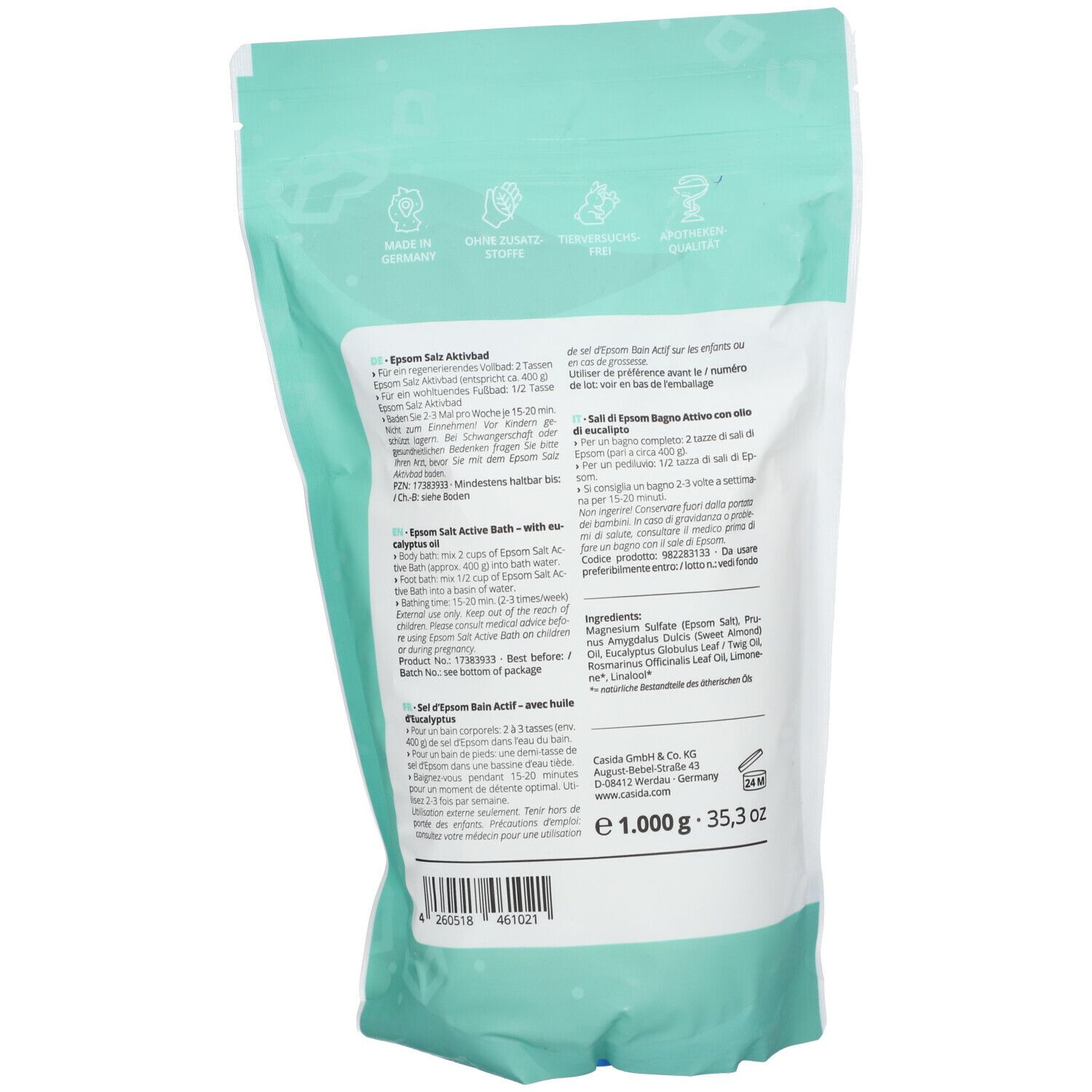 Dos du sachet Casida® Epsom Salz Aktivbad. Texte multilingue. Contient ingrédients et mode d'emploi.