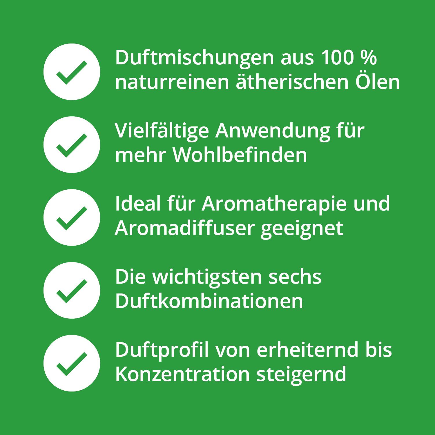 Text auf grünem Hintergrund: Duftmischungen aus 100% naturreinen ätherischen Ölen. Geeignet für Aromatherapie und Aromadiffuser.