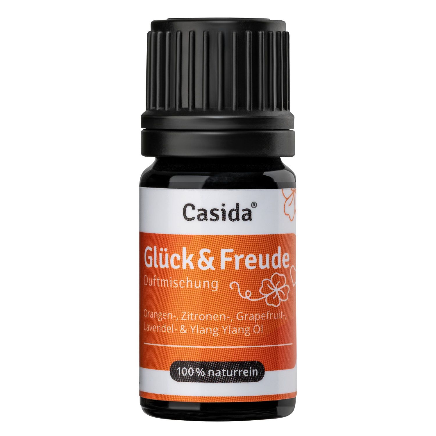 Flacon en verre brun avec bouchon noir. Étiquette "Casida Glück & Freude", mélange de parfums et "100% naturel".