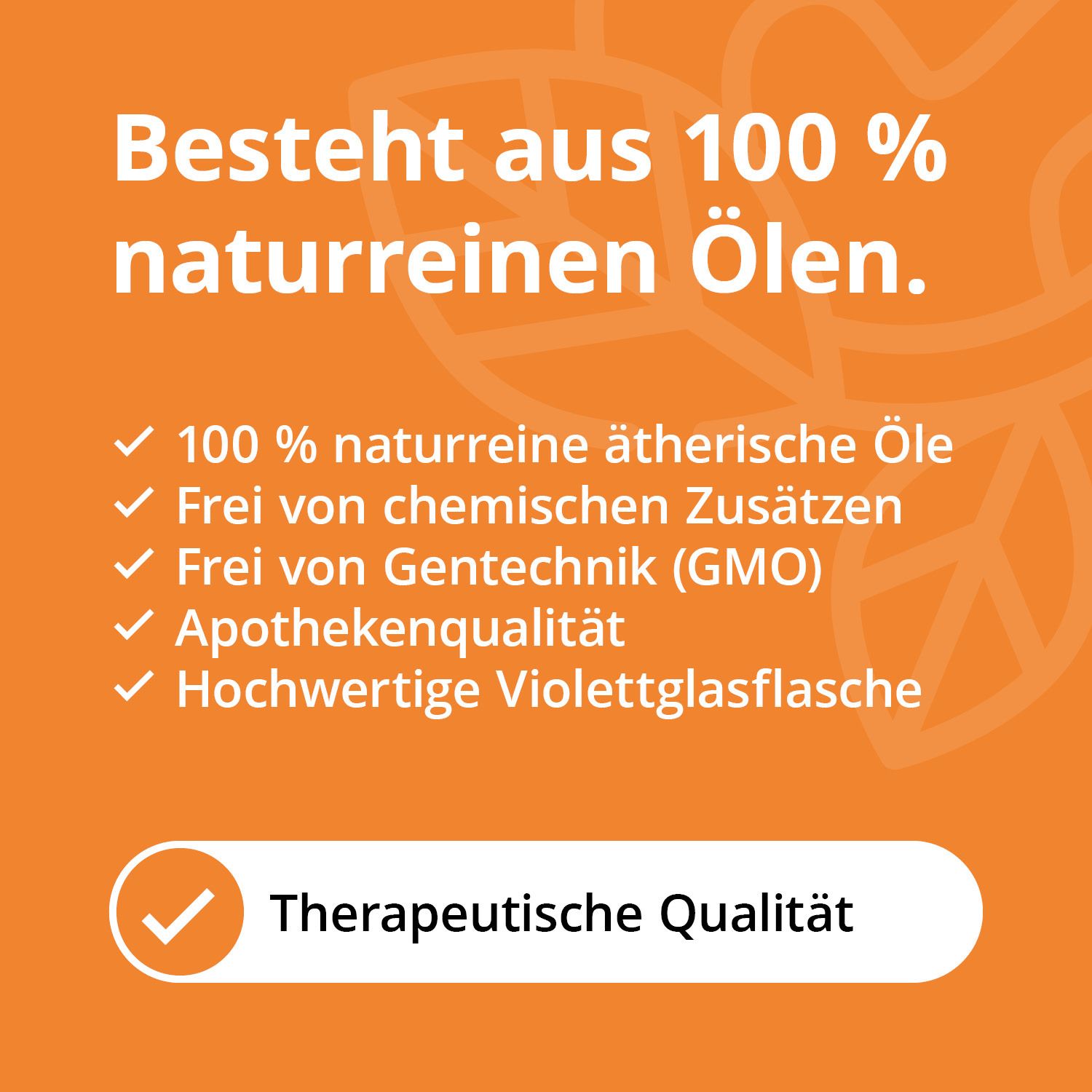 Fond orange avec texte : "Composé d'huiles 100% naturelles". Liste des avantages, dont "Qualité thérapeutique".