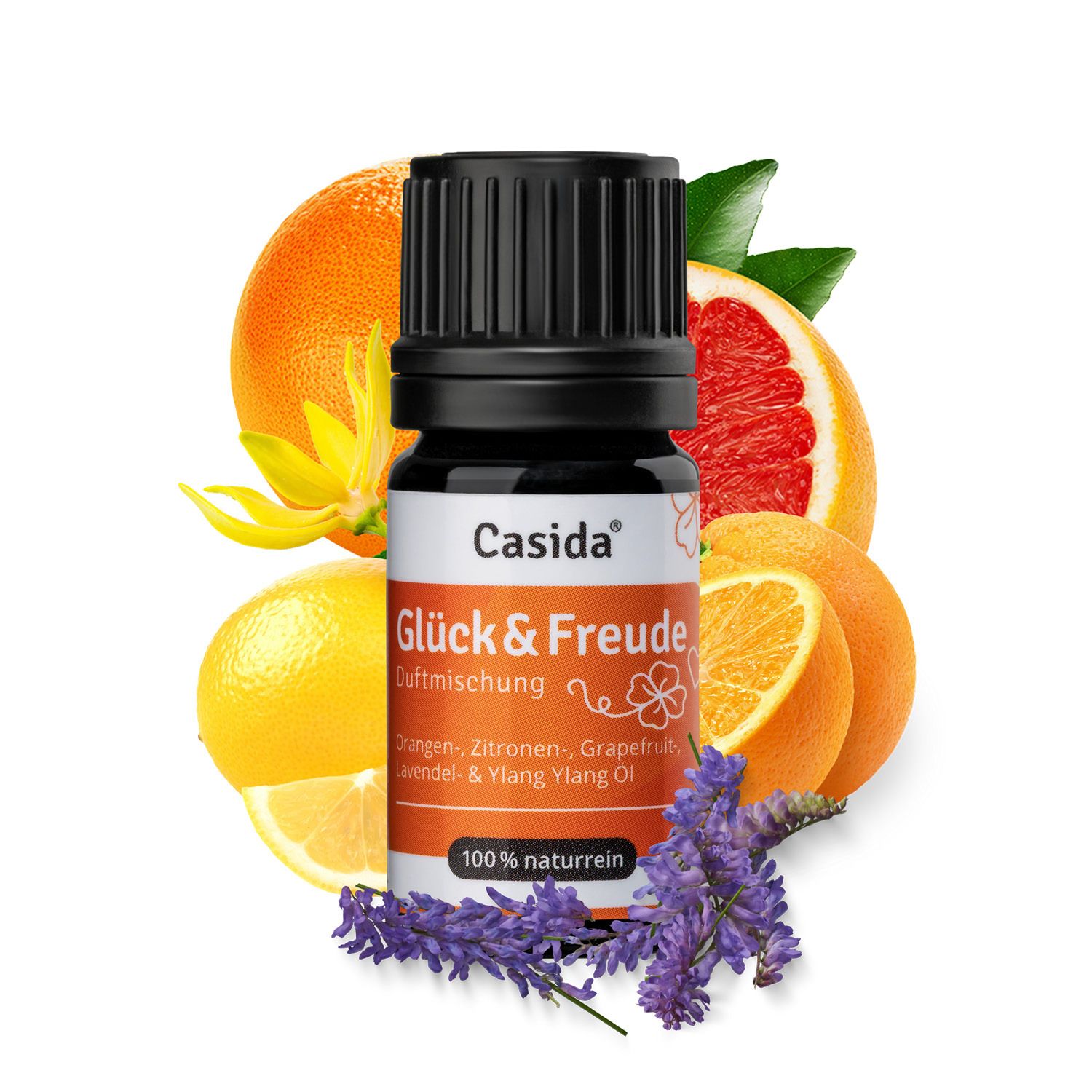 Flacon en verre avec "Casida Glück & Freude" entouré de pamplemousse, citron, orange, lavande et ylang-ylang.